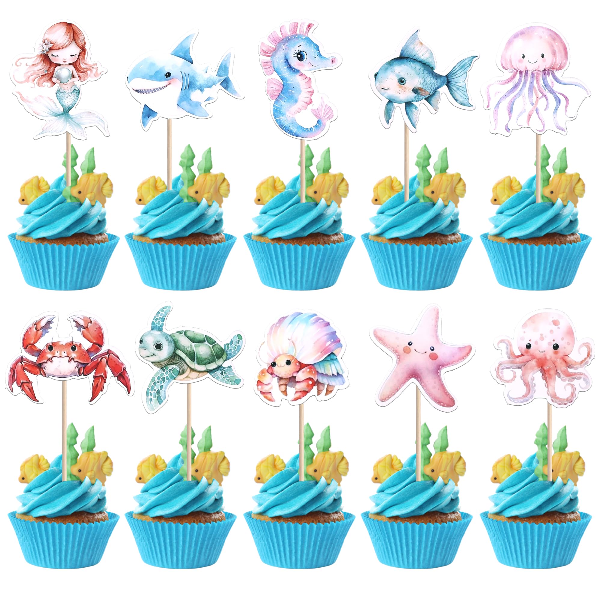 Xsstarmi 40 Pack Ocean Sea Animal Theme Cupcake Toppers Mizuki Starfish Shark Cupcake Picks Turtle Crab Mermaid Cake Decorations for Under The Sea Theme Baby Shower Wedding Birthday Party Supplies โ image 1