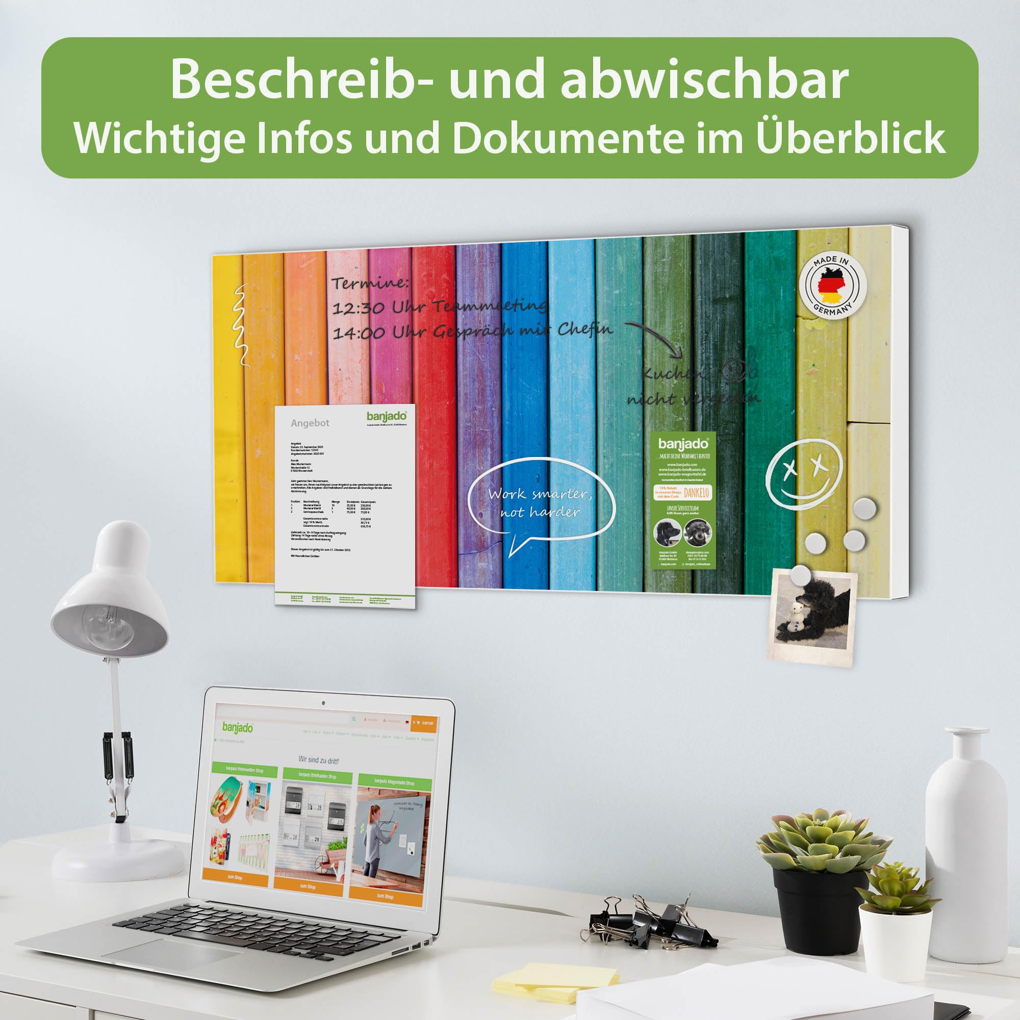 banjado Magnettafel Metall 78 x 37cm - beschreibbare Magnettafel - Metall Pinnwand als Memoboard - Magnetwand Küche, Büro, Kinderzimmer Weiß inkl. 4 Magnete & Montageset - Motiv Regenbogenfarben