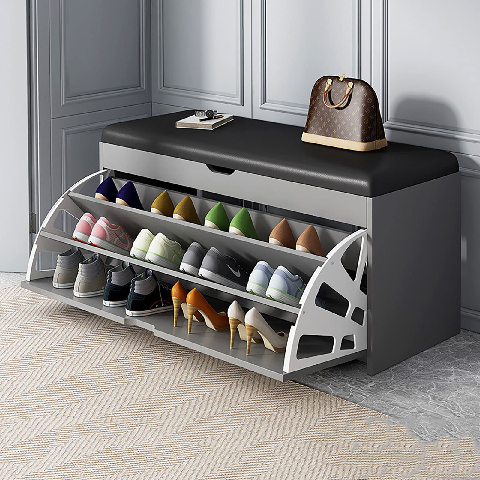 WJFTODAY Wooden Shoe Cabinet with 3 Flip Drawers PU Padded Storage Bench for Entryway & Hallway Pull Down Space Saving Shoe Rack Stylish Footwear Storage Solution
