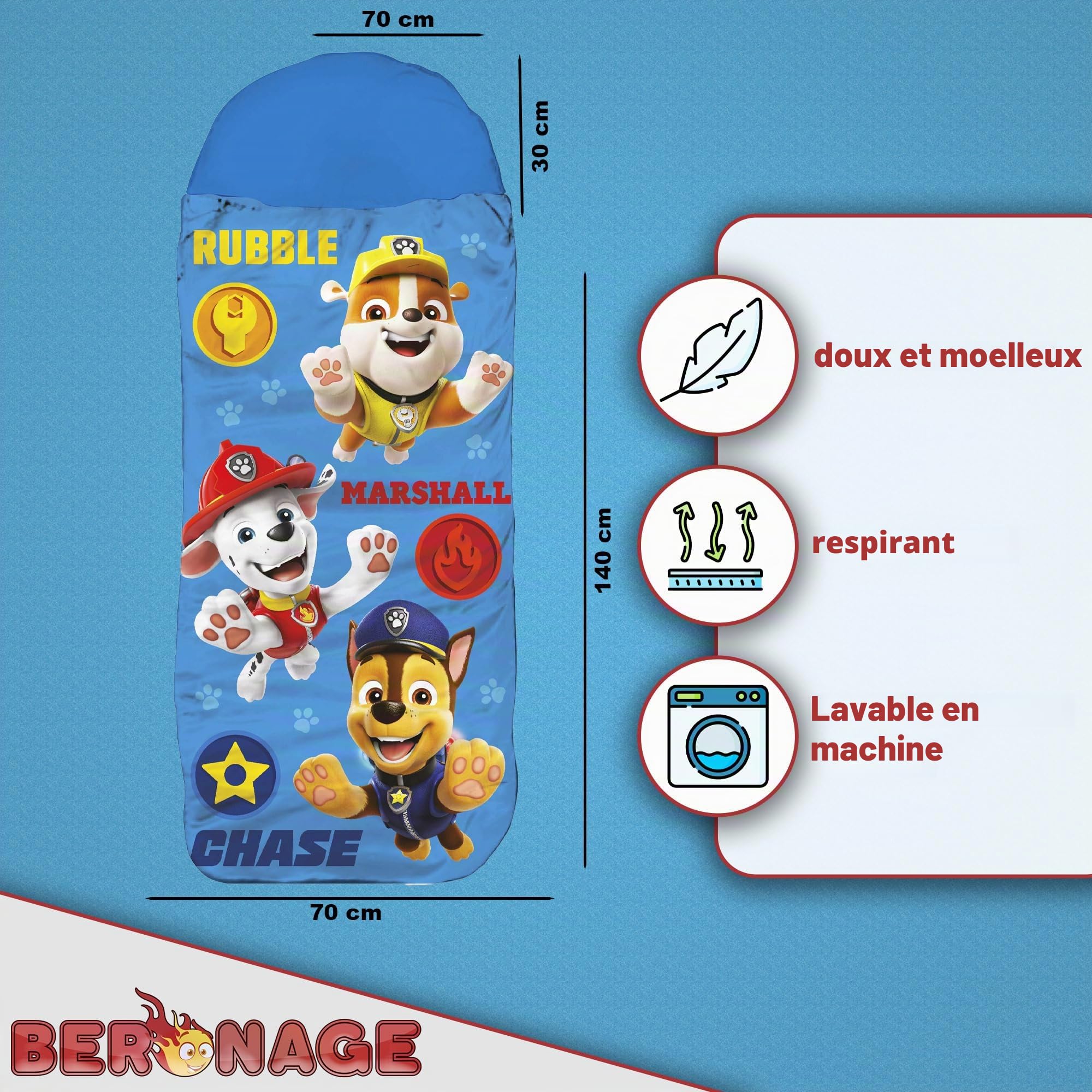 BERONAGE Paw Patrol Sac de couchage pour enfants – Bleu, 140 cm + 30 cm (capuche) x 70 cm, idéal pour extérieur/intérieur, Rubble, Marshall, Chase, Mummy Sac de couchage pour camping, filles et