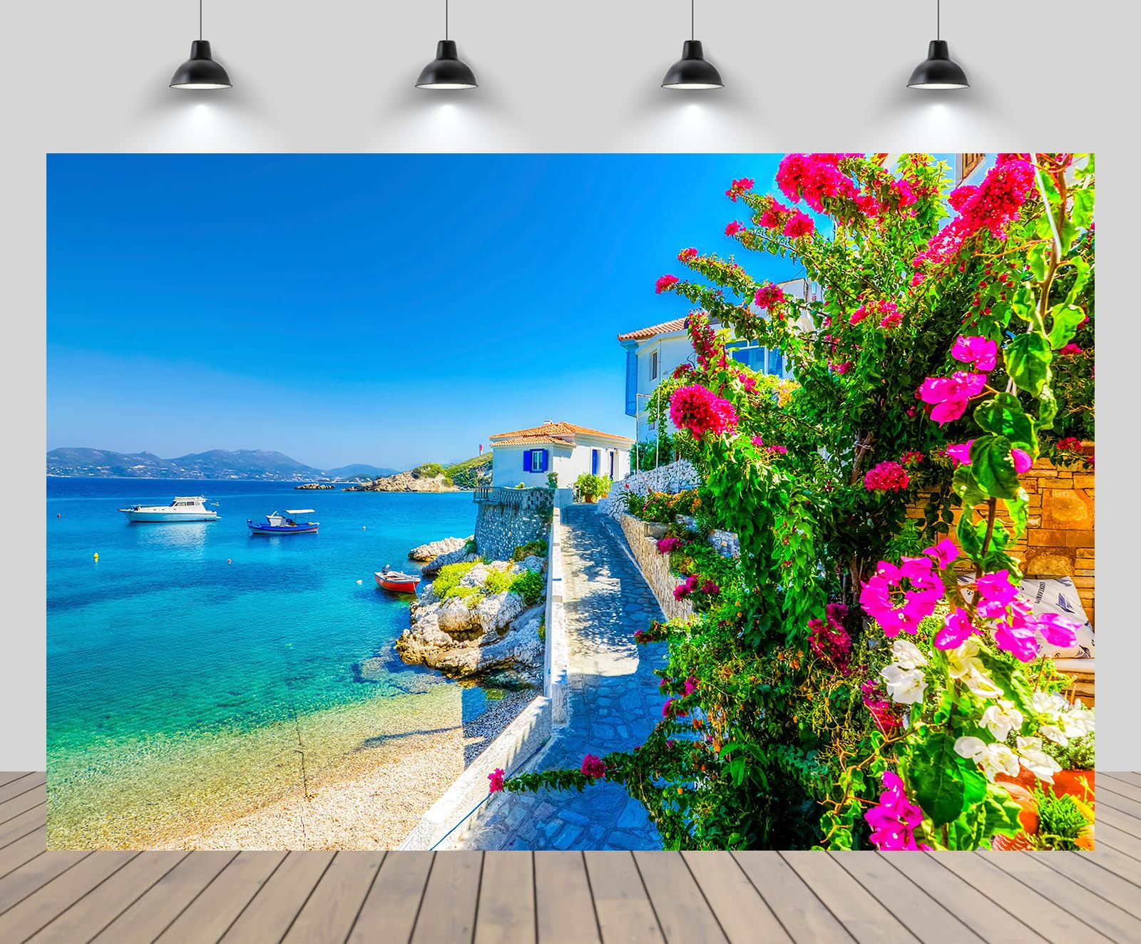 CHNYWORK 7ftx5ft Greece Village Backdrop Greek Samos Island Spring Beach Seaside Harbor Scenery Background Europe Travel Theme Party Decorations Artistic Portraits Photo Studio Props Wallpaper