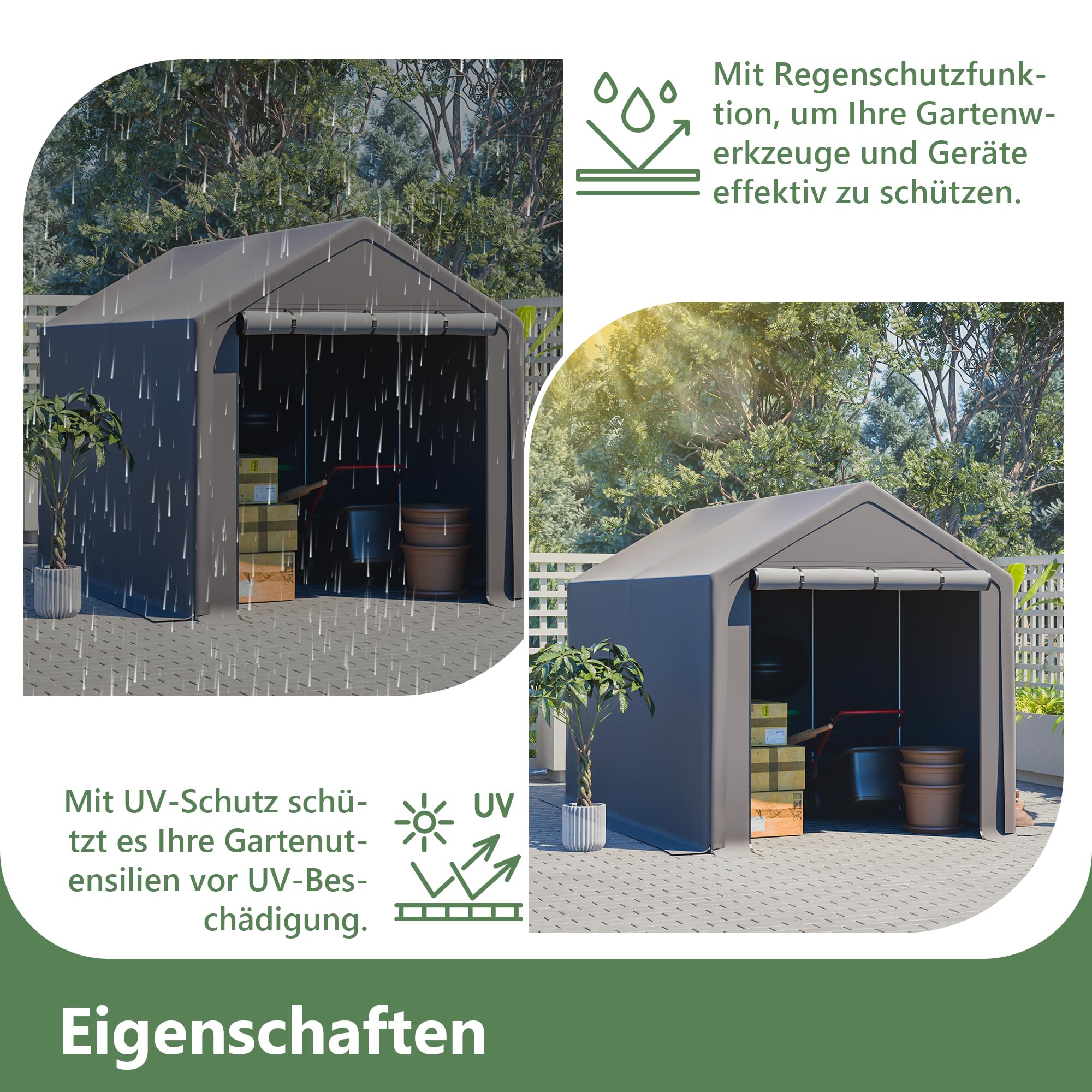 190x296x200cm Fahrradgarage Abri, Wetterfester Garten-Schutzhülle mit Reißverschluss & Erdnägel, UV- & Wasserdicht Abri für Fahrräder, Rasenmäher & Gartengeräte, Grau