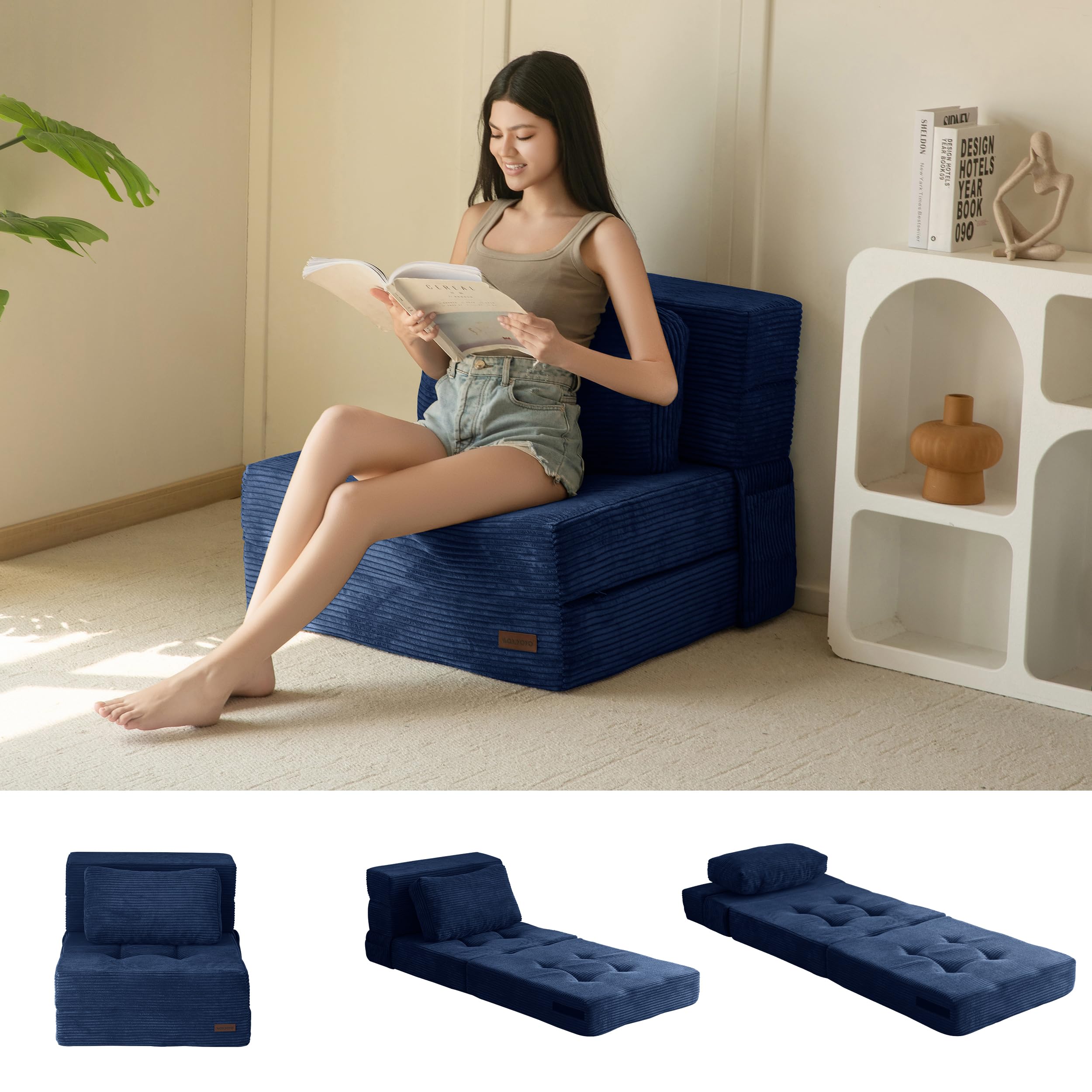 MAXYOYO Folding Foam Sofa Bed, Tri-Fold Mattress with 1 Pillow, Convertible Sofa Chair Futon Z Bed with 15cm Thincken Foam, Portable 3 in 1 Floor Couch