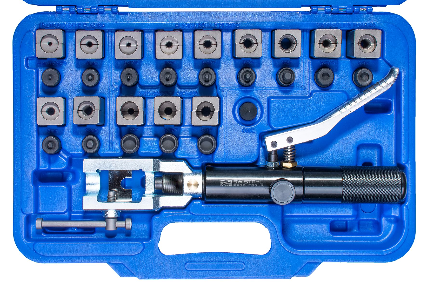 SW-Stahl 24518L Hydraulik-Bördelgerät Set für Bremsleitungen, 29-teilig | Profi-Bördelwerkzeug für Kraftstoff-, Öl- & Klimaleitungen, inklusive 4-10 mm Adaptern & hydraulischer Spindel