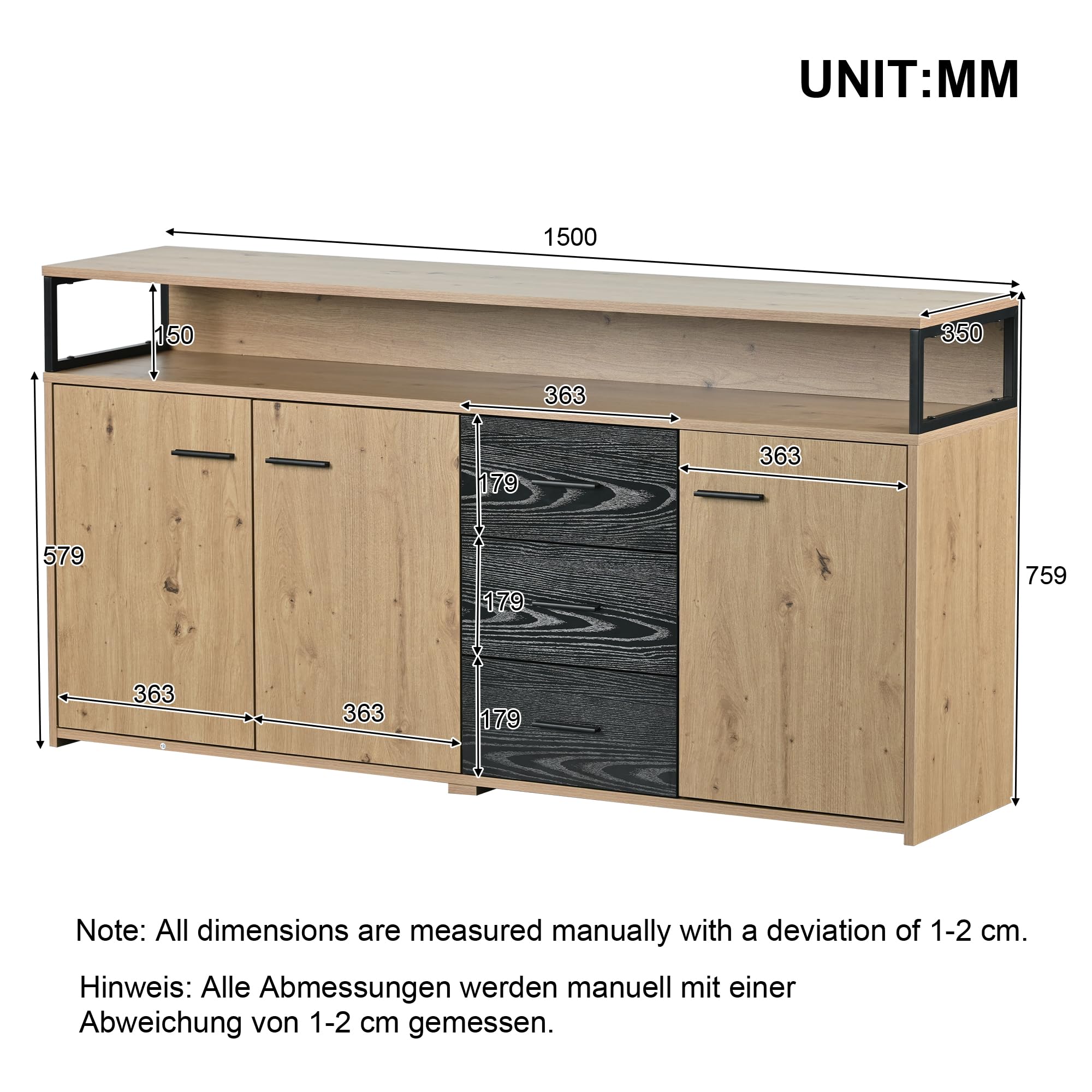 Un aparador de estilo industrial de 150 x 35 x 75,9 cm con tres puertas y tres cajones, asas de metal macizo, adecuado para dormitorio, sala de estar y oficina, se puede utilizar como taquilla y mesa