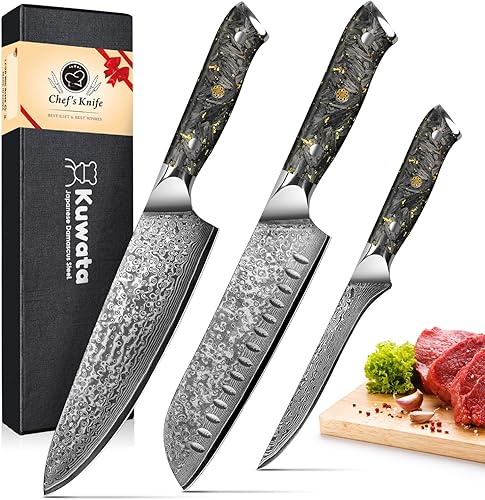 Juego de cuchillos de cocina, juego de cuchillos de chef profesionales de la serie Damasco negro dorado, 3 cuchillos japoneses VG-10 de acero