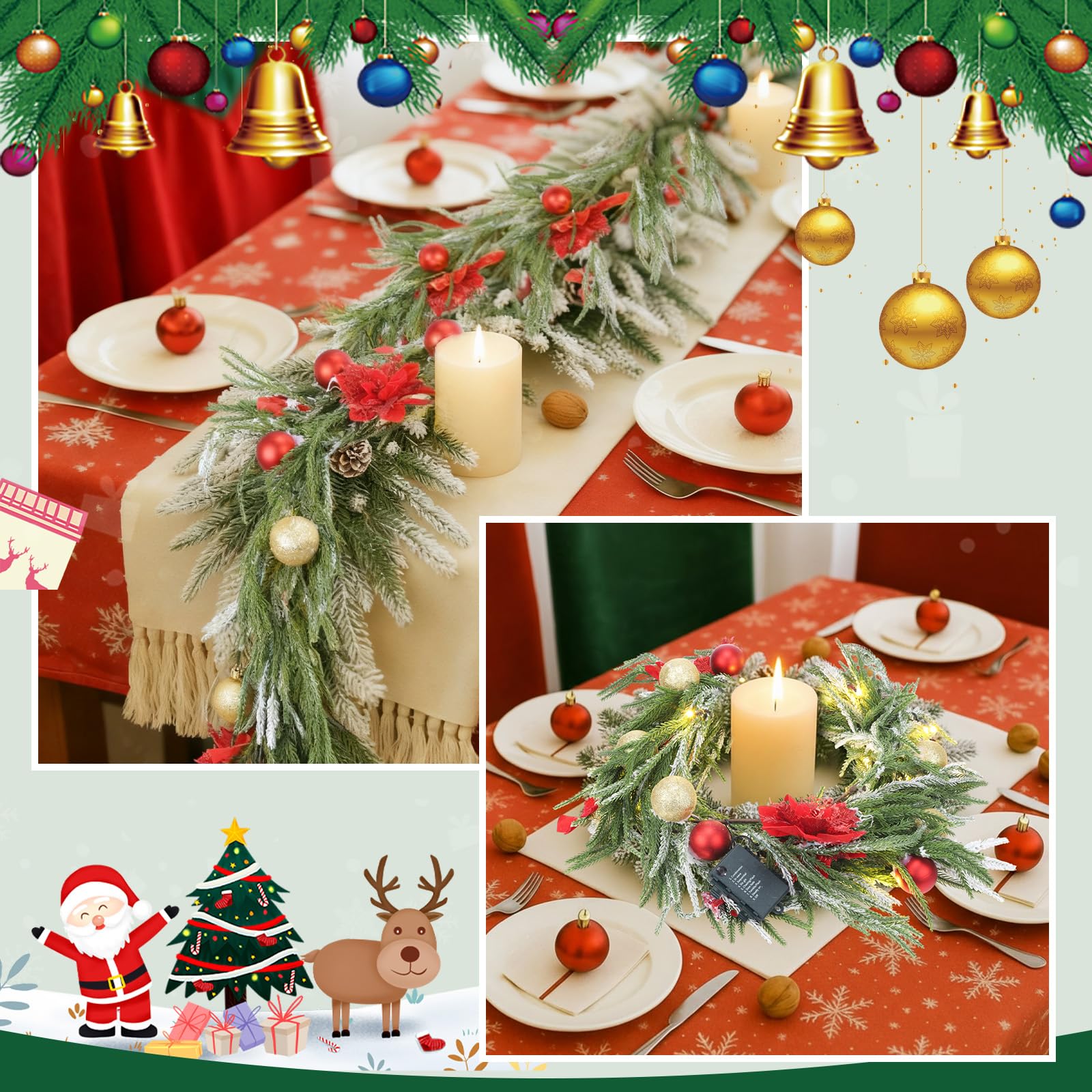 VIHOSE Guirnalda de Navidad de 6 pies con luces, superficie artificial preiluminada de Navidad con lazos rojos, flores, bolas de Navidad para chimeneas, escaleras, barandillas, hogar, Navidad