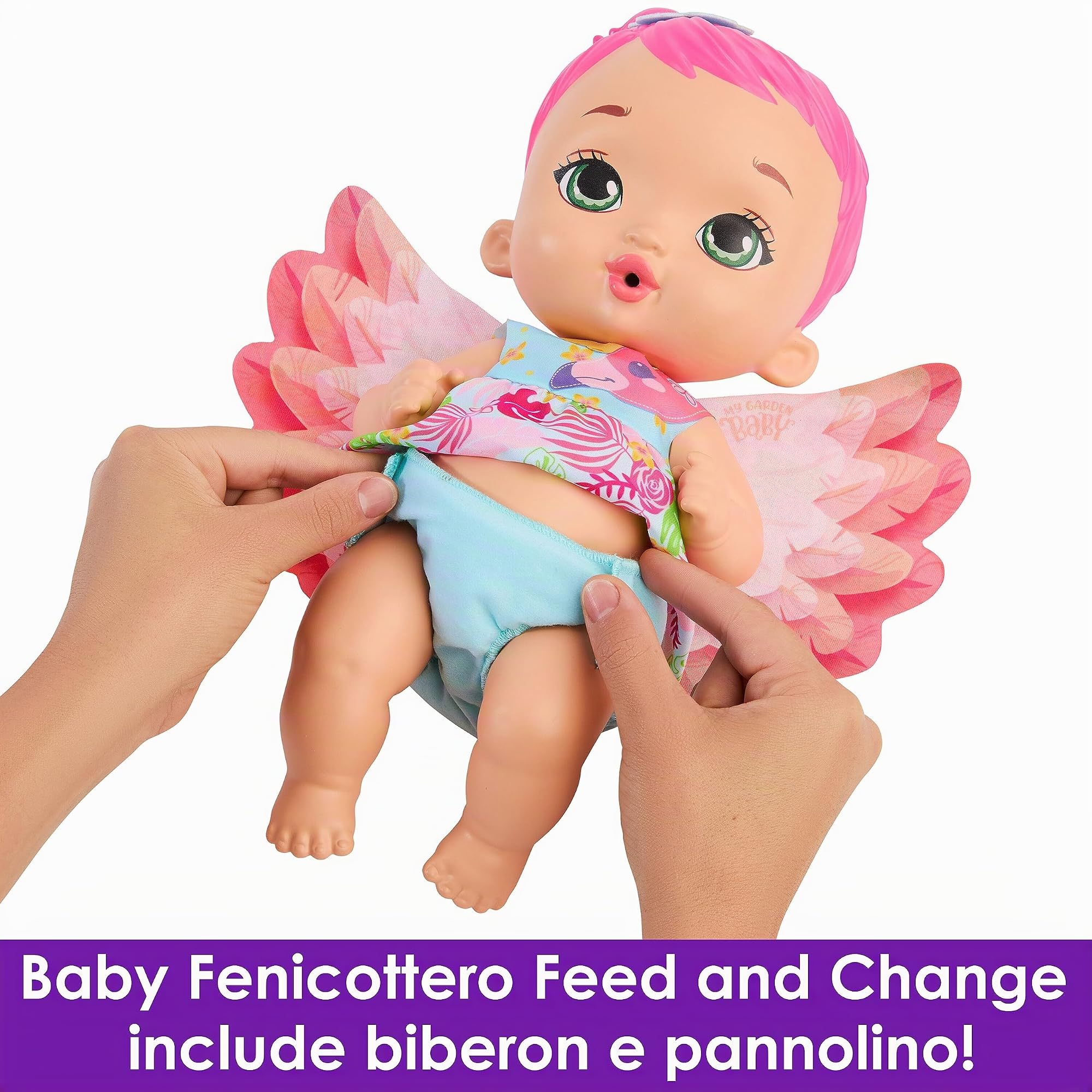 Mattel My Garden Baby - Bambola Junior Fenicottero Rosa con pannolino riutilizzabile, biberon e tanti altri accessori, giocattolo per bambini, 3+ anni, HPD12