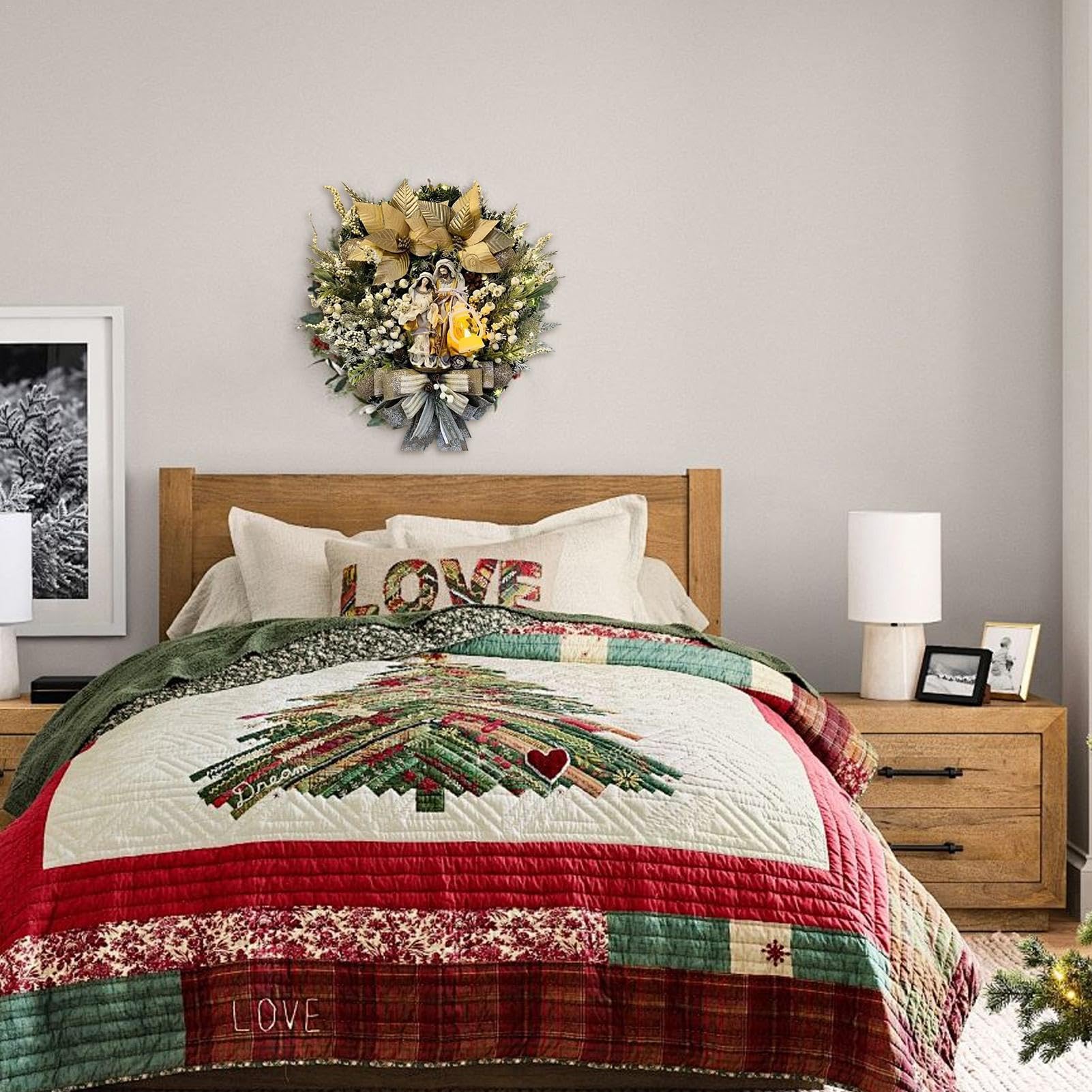 Couronne de Noël éclairée, Guirlande de Sainte, Crèche de Noël éclairée, décorations de Porte pour l'extérieur, la Maison, Les Vacances