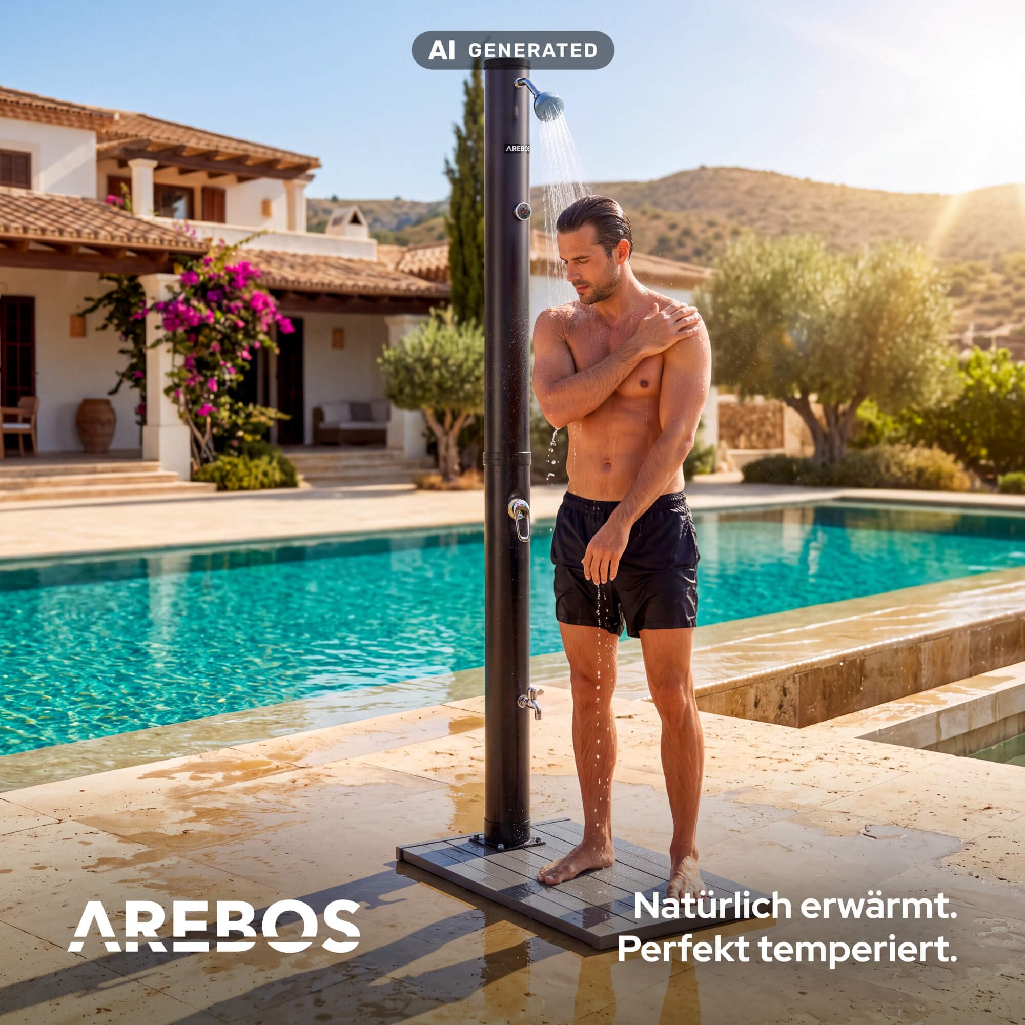 Arebos Solardusche 20L Set mit Bodenplatte für Garten, Pool & Terrasse