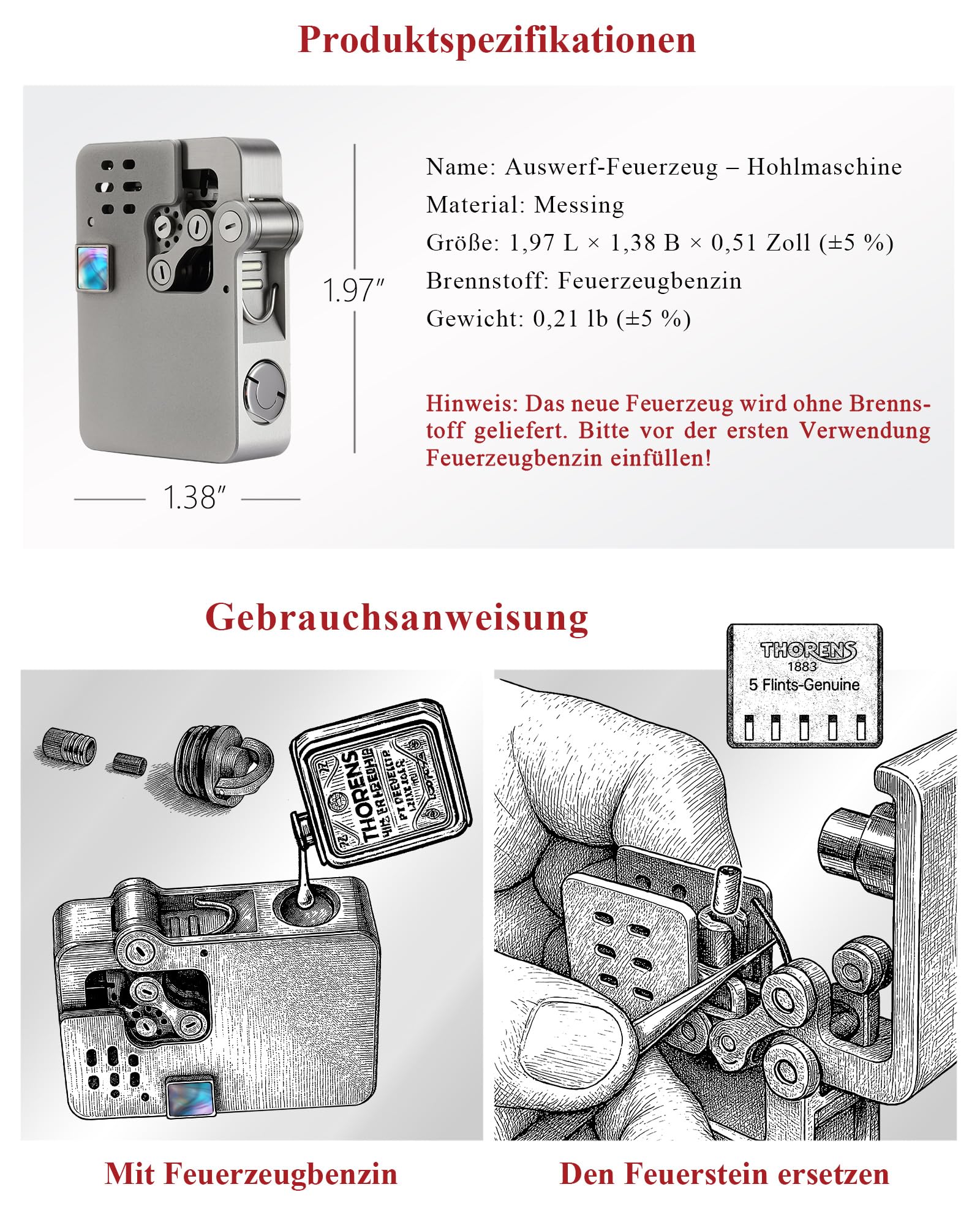 Klassisches Feuerzeug mit seitlichem Schieber, Kerosin, Messing, langlebig, mechanisches Aussehen, trifft Eleganz, Thorens, auswerfbare automatische Zündung, Legierung, Schleifscheibe, Geschenk für
