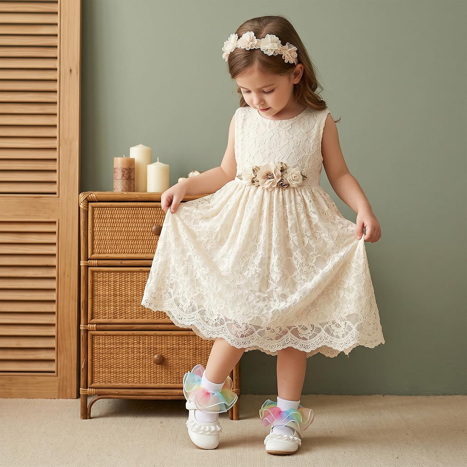 Amabro Baby Ruffle Socks 3 Pairs Rainbow Double Lace Frilly Turn Cuff Shimmering Big Cotton Short Dress Socks for Baby Shower Party (M Size)