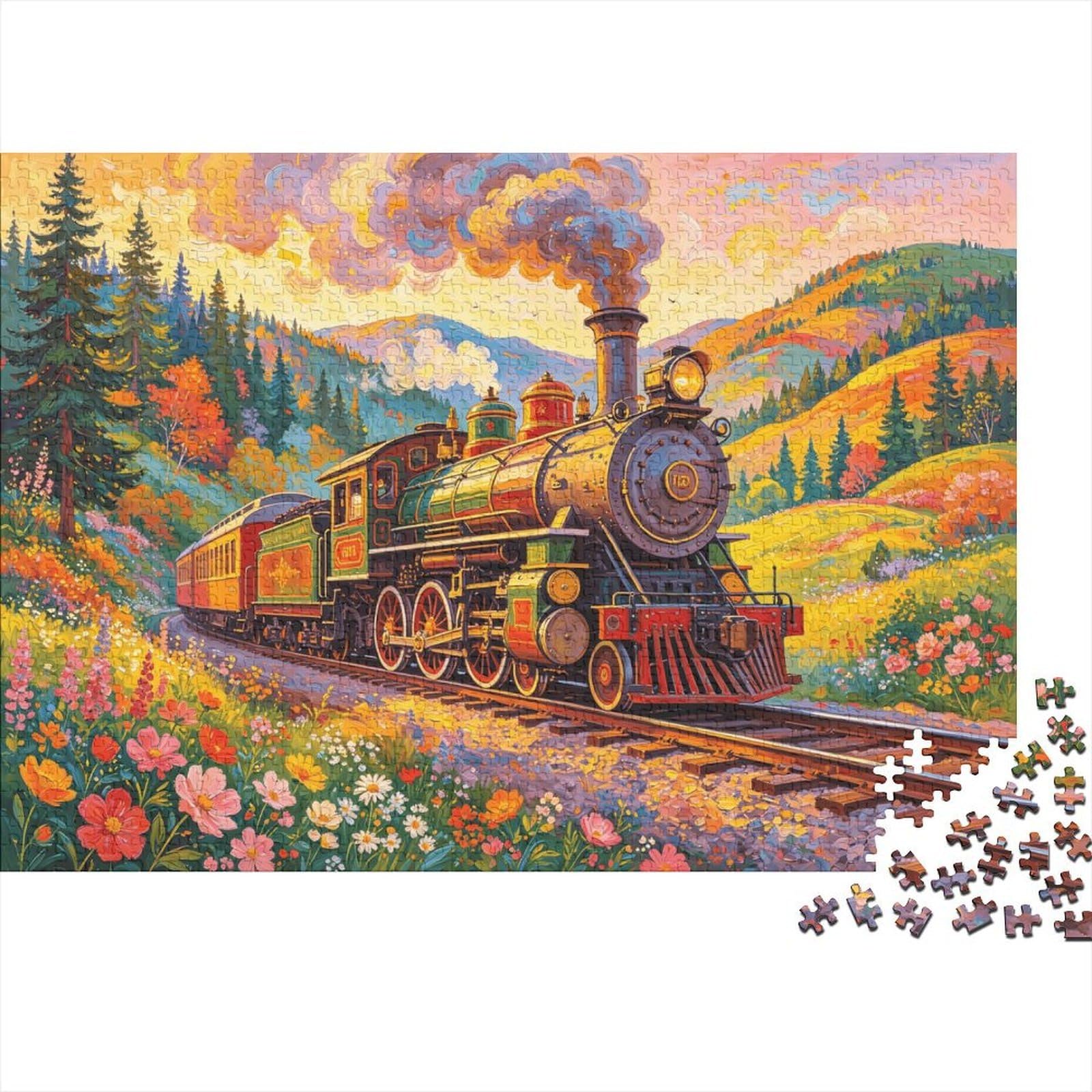 Floral Steam Train Jigsaw Puzzle 1000 Pieces Recycled Paper Countryside Journey Jigsaw Puzzles Educational Game Challenge Fun Family Game for Adults And Age 10 70x50cm/1000pcs