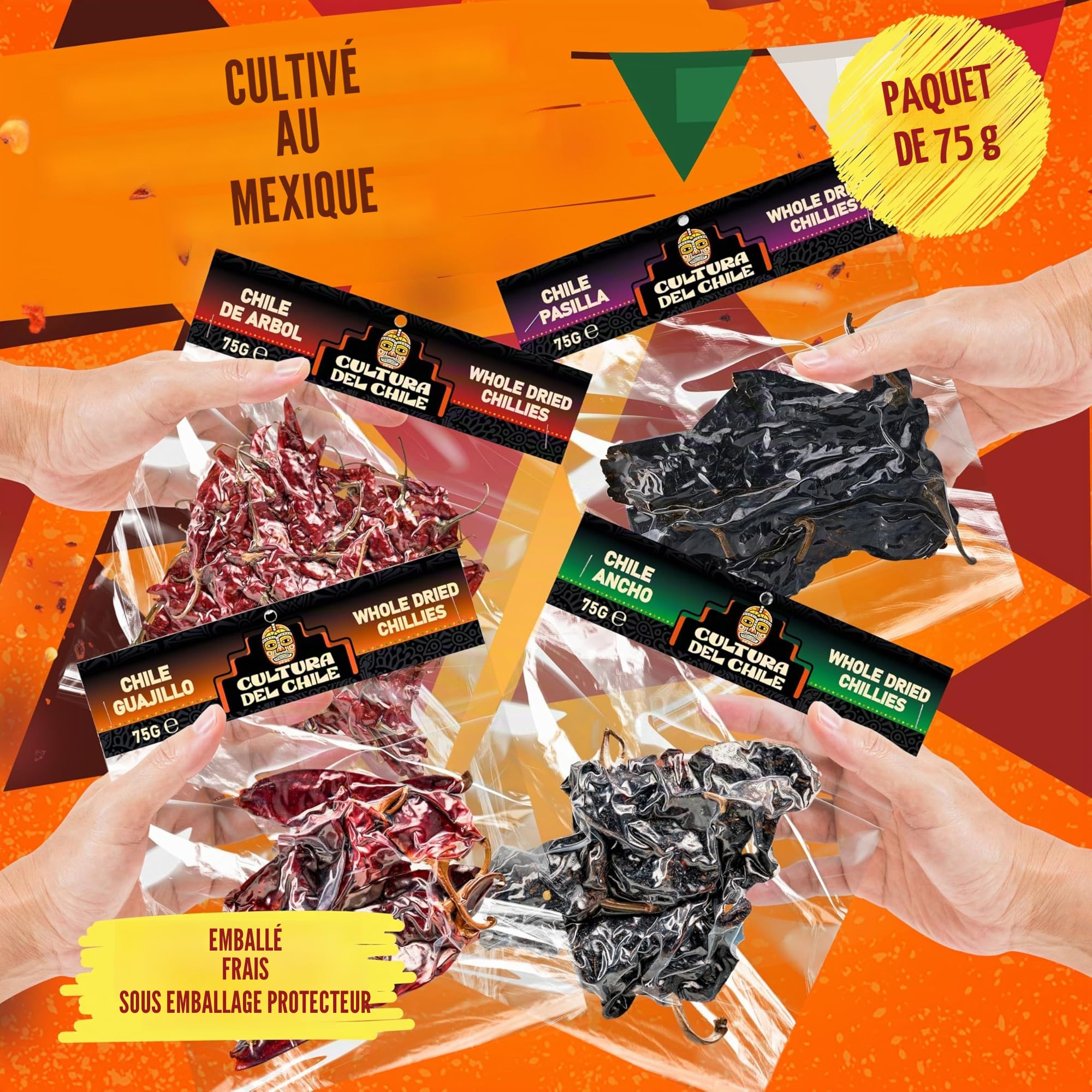 Piments secs entiers mexicains : ancho, guajillo, arbol et pasilla (300 g au total). Piments de base naturels pour un goût mexicain authentique. Idéal pour les tacos Birria, les taupes, les tamales et