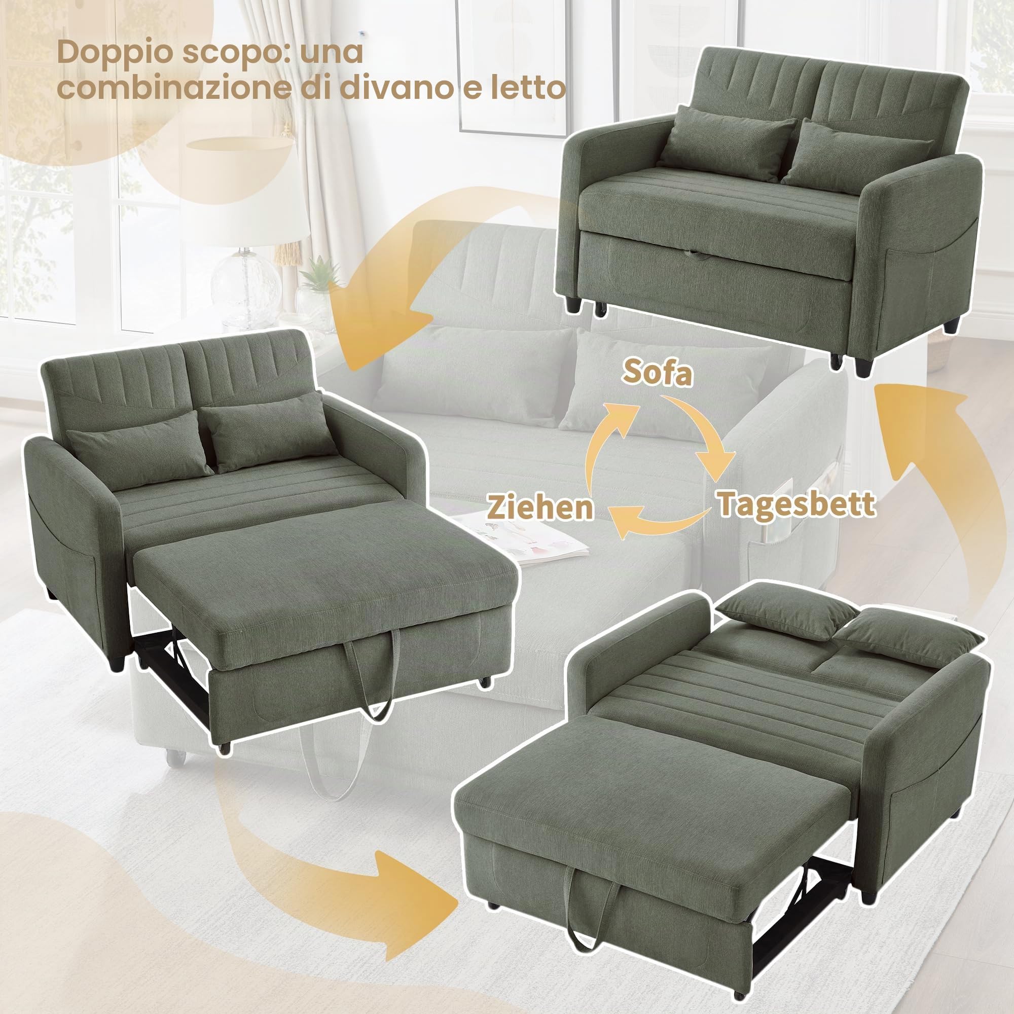 Divano letto a 2 posti con funzione di sonno, piccolo divano letto, 166 x 114 cm, divano pieghevole 3 in 1, allungabile con schienale regolabile, tasche laterali, tessuto di cotone e lino (verde