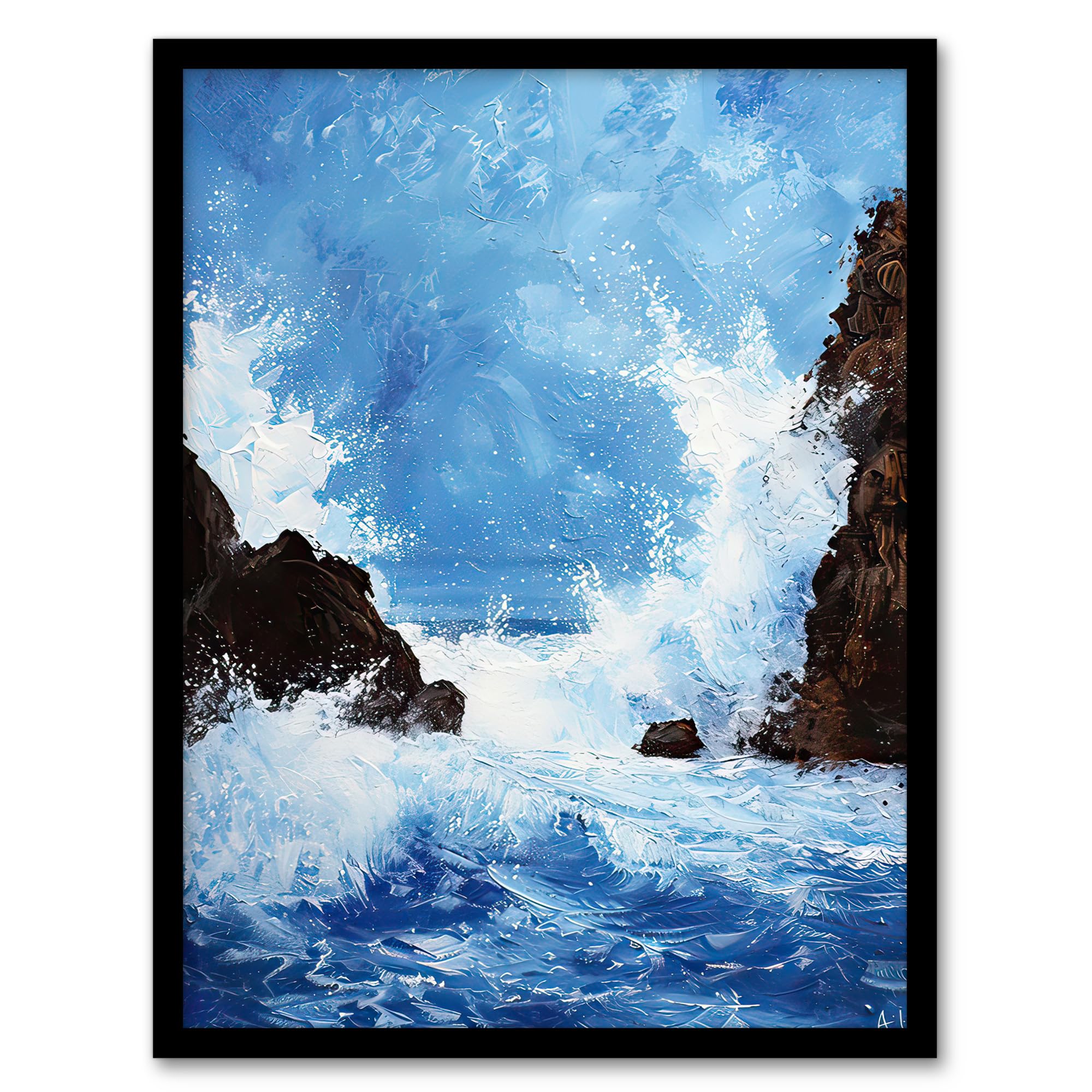 Artery8 Waves Crashing Rocks Sea Spray Oil Painting Living Room Artwork Framed Wall Art Print 18X24 Inch