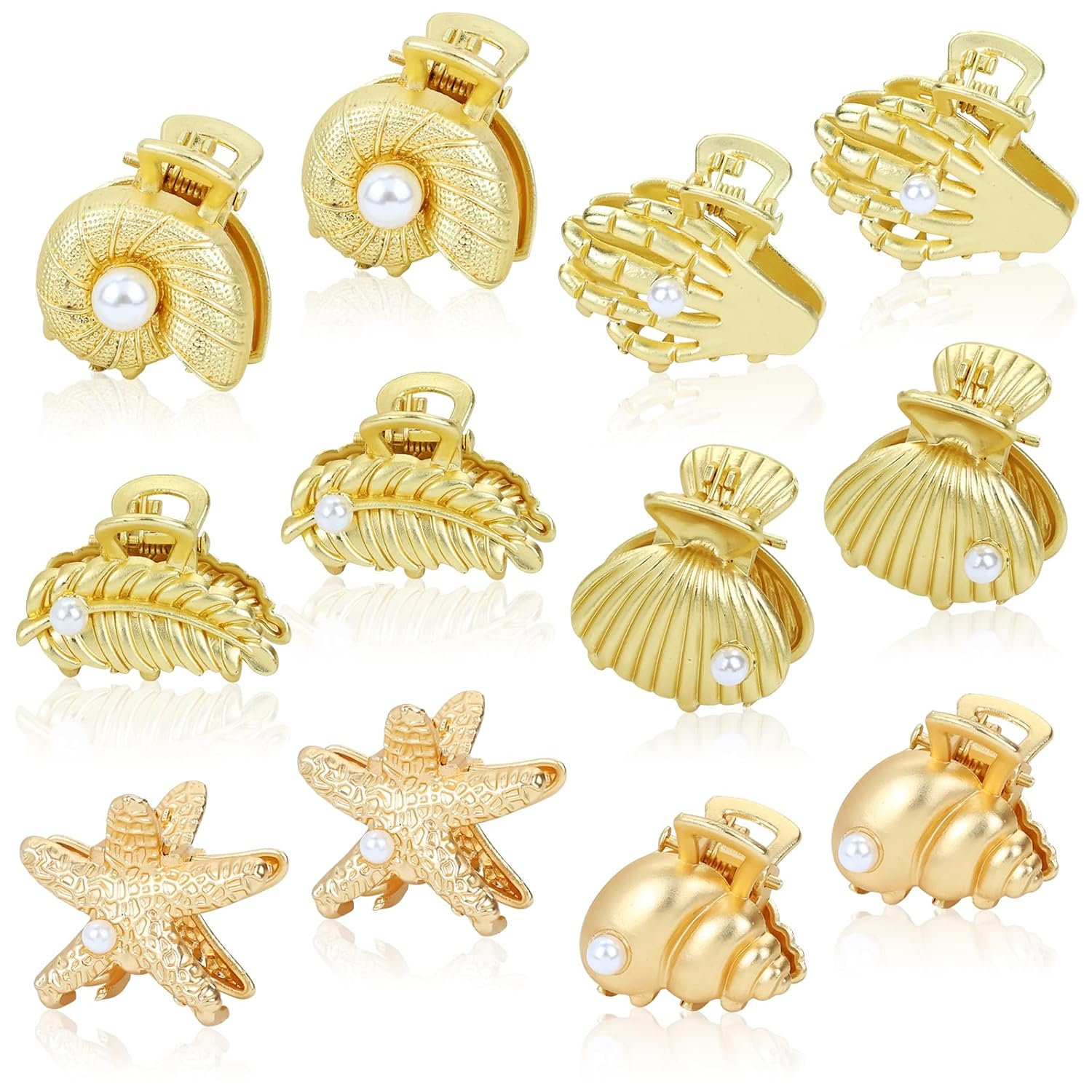 12 Pieces/6 Pairs Gold Metal Small Shell Conch Leaf Hand Starfish Hair Claws Clips Beach Party Hair Accessories for Women Girls Teens Kids