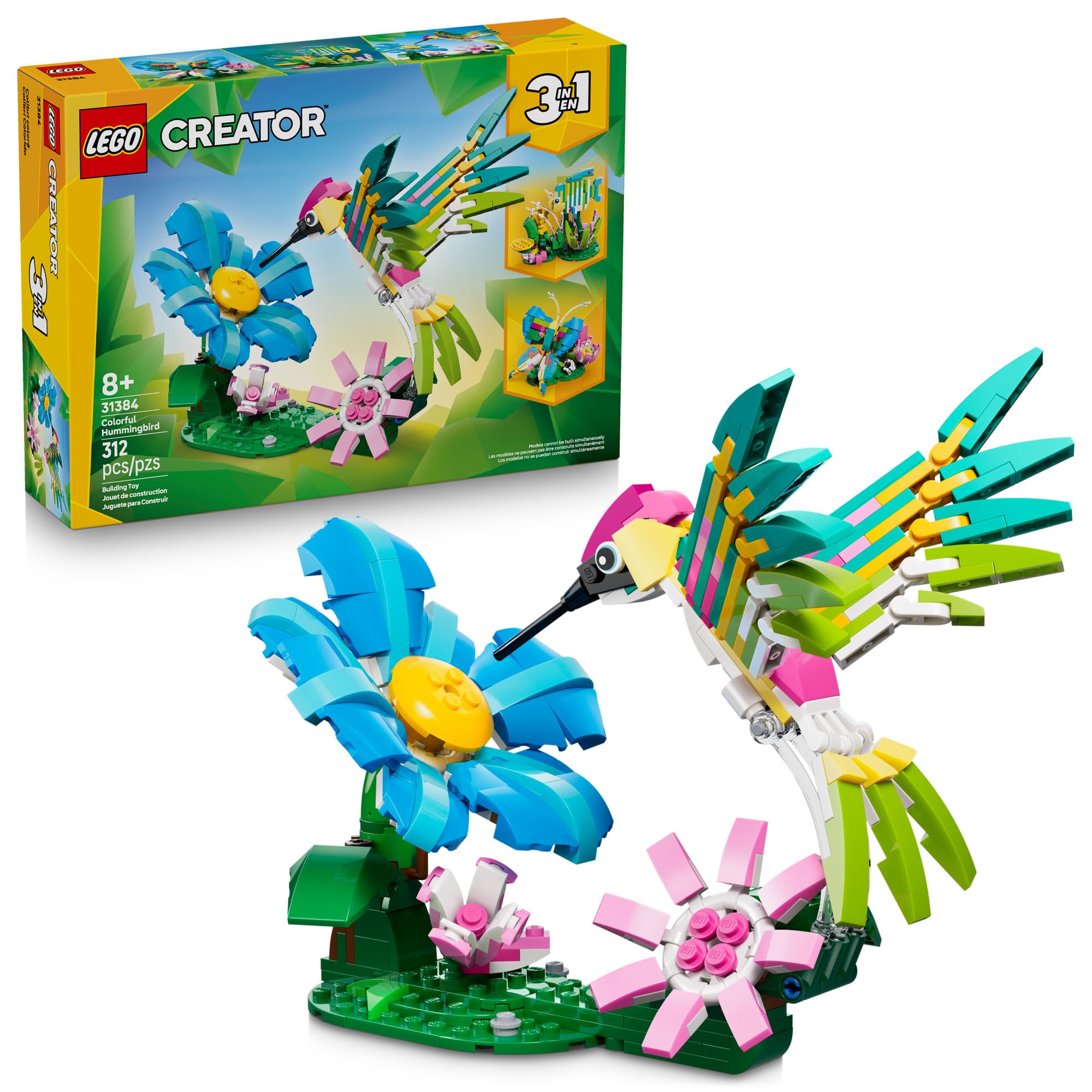 LEGO Creator 3 in1 Wild Animals: Colorful Hummingbird Building Toy for Girls, Boys, & Kids, Ages 8+ - Build a Bird, Butterfly, or Tropical Fish - Gift Idea for Birthdays - 31384