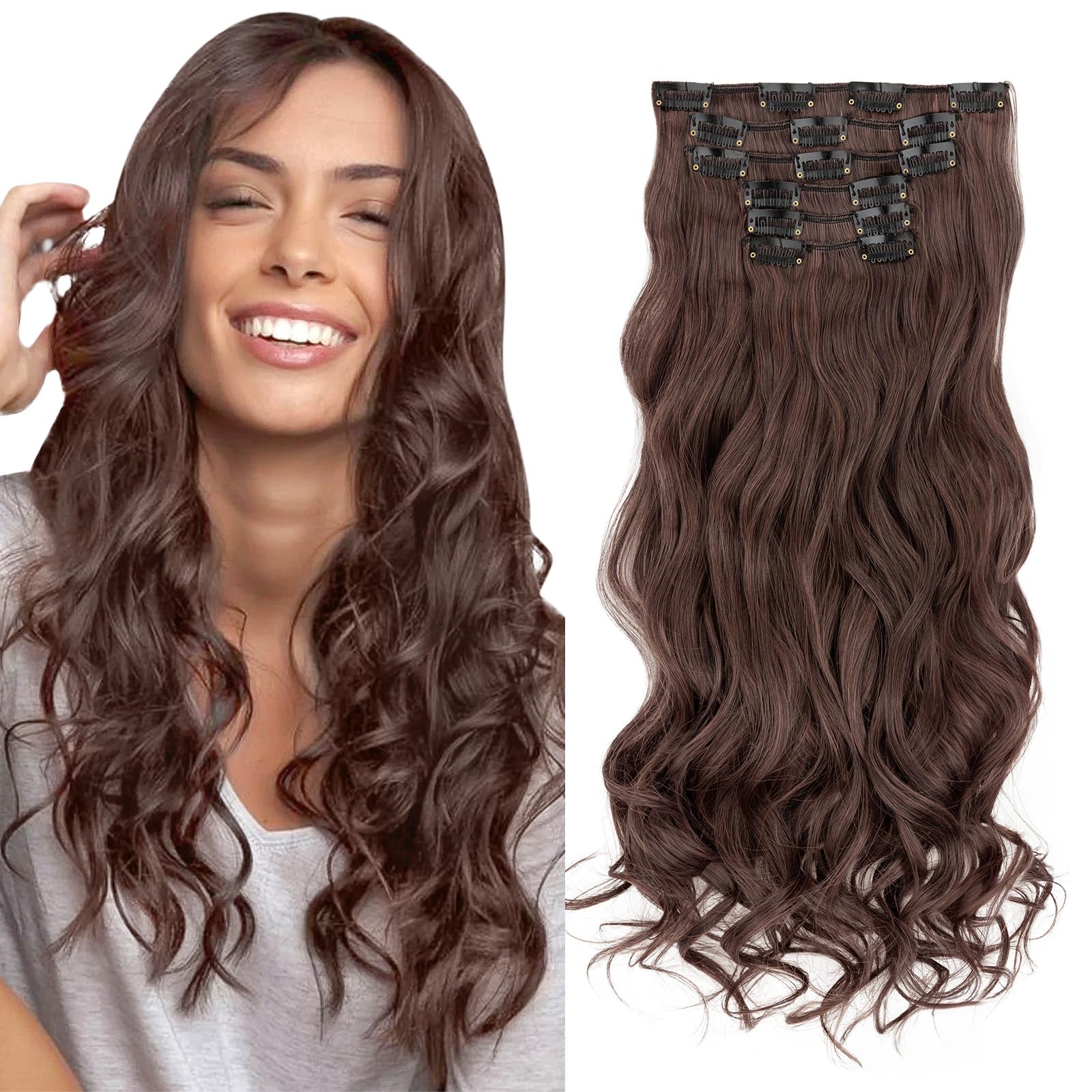 TESS Curly Hair Extensions Clip in 22 Inch 6PCS 16 Clips Heat Resistant Synthetic Wig Tangle-Free Double Weft Hair Pieces for Women UK 150g #2/33 Mix Dark Brown & Dark Auburn