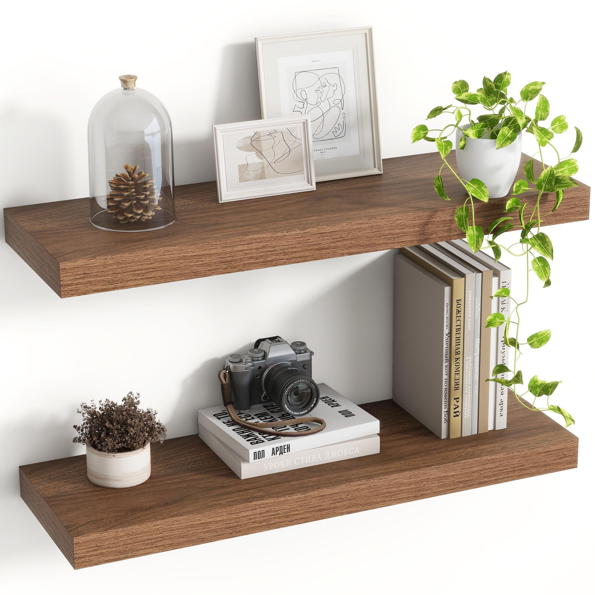 60 cm Schweberegale 2er Set, 19,5 cm tiefe Nussbaumoptik Wandregale | Tiefe Bücherregale, Hängeregal mit unsichtbaren Halterungen, Wandmontierte Regale für Badezimmer, Schlafzimmer, Wohnzimmer