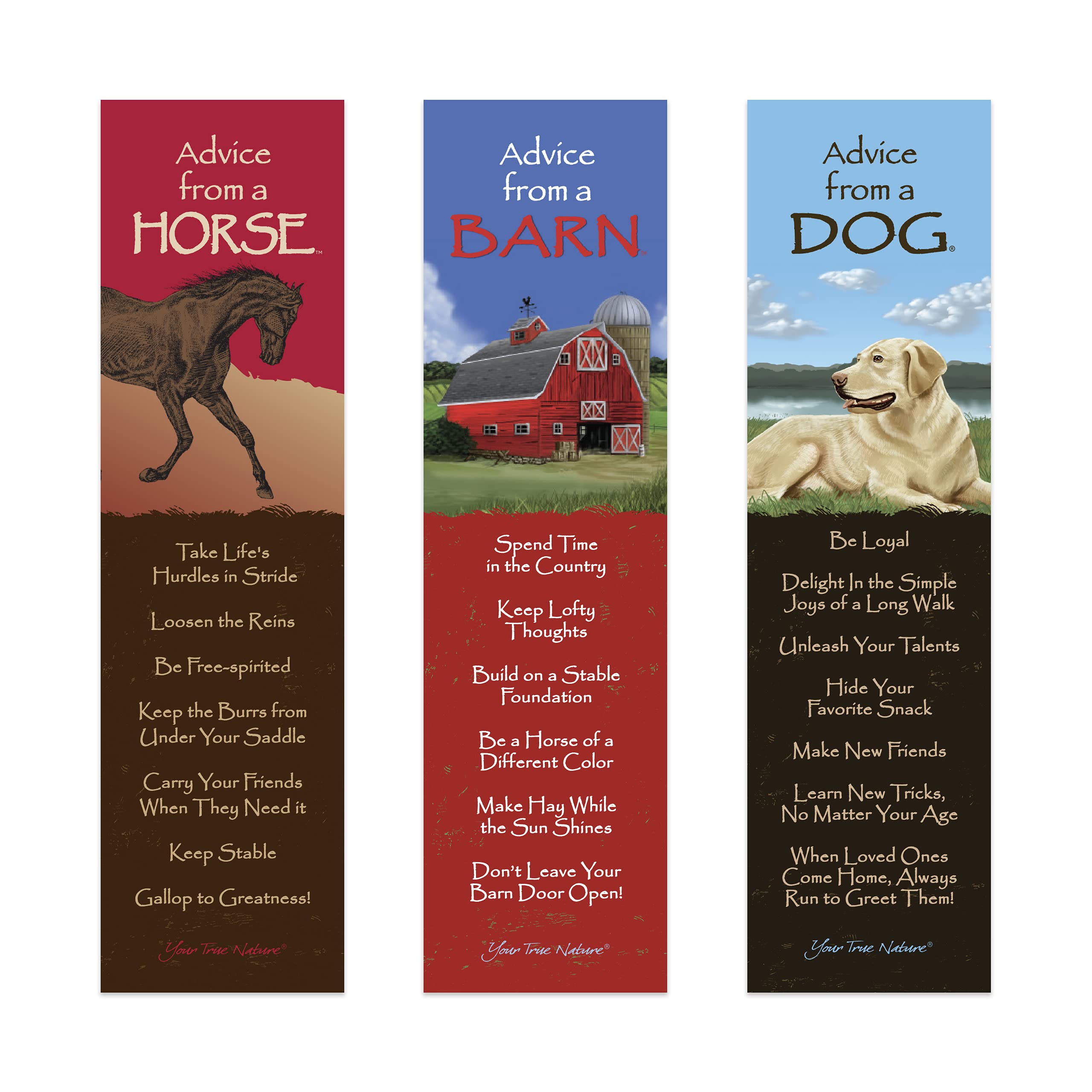 Your True Nature Advice 3 Bookmark Farming Set, Laminated with Glossy Finish, Printed on Recycled Paper, Barn, Horse, Dog (AMBM-Farm)