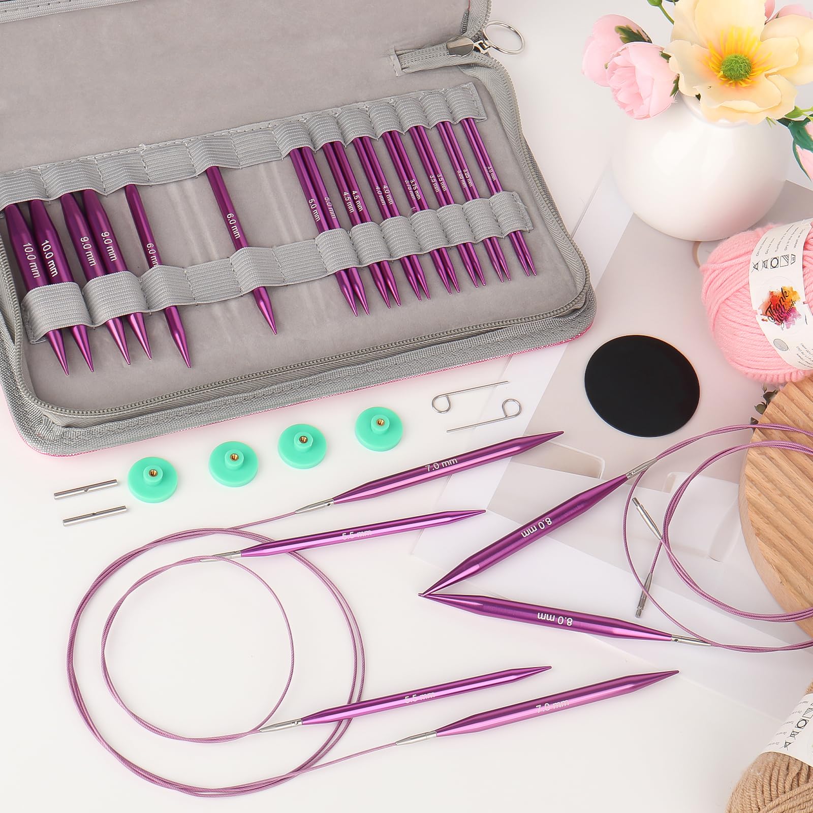 Reessy Stricknadeln, Austauschbare Rundstricknadeln Set mit Etui & Zubehör, 13 Paar Rundstricknadeln 3,0 mm-10,0 mm, Rundstricknadeln für Anfänger Erwachsene