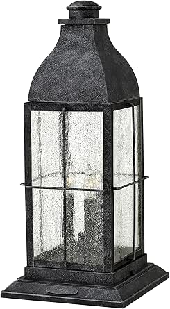Hinkley Bingham Large Pier Mount Outdoor Lantern, Aluminum, Clear Seedy Glass, Gas Light Style, LV Bulbs Included, Greystone Finish