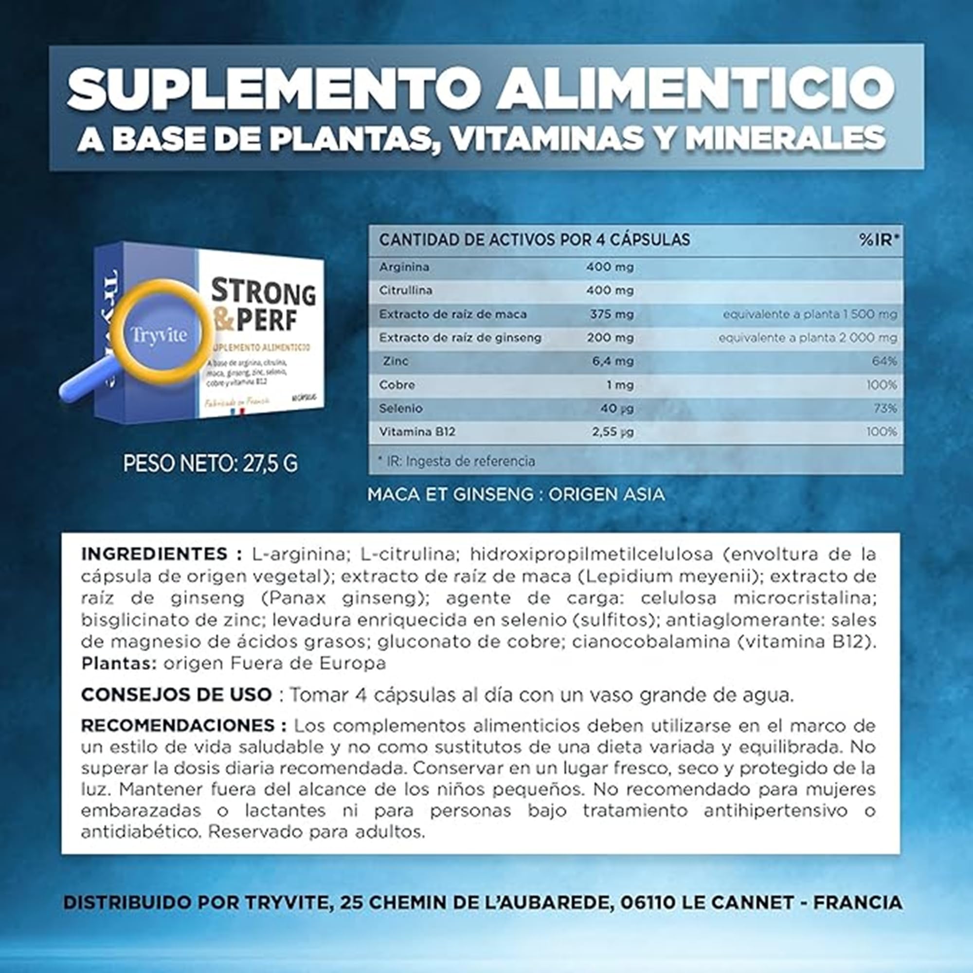 Fórmula Práctica para Hombres Activos | 60 Cápsulas con Ginseng, Maca, Arginina, Citrulina y Zinc | TRYVITE STRONG&PERF