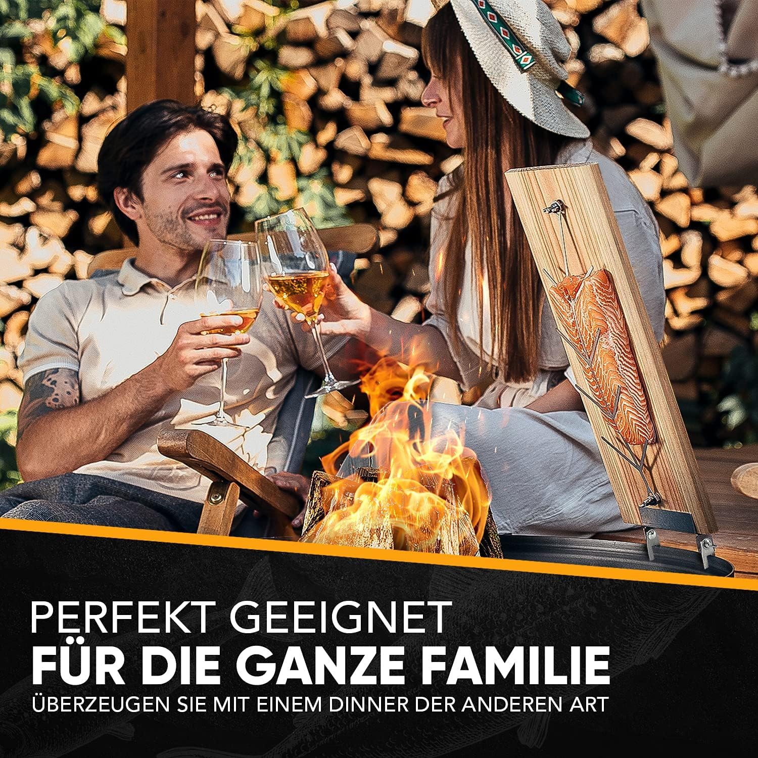 Flammlachsbrett mit Halterung aus Edelstahl (100% Made IN Germany) Lachsbrett aus 100% hochwertiger Lärche Ideal für Feuerschale, Grill und Kugelgrill (Perfekt für Lachs Fans)