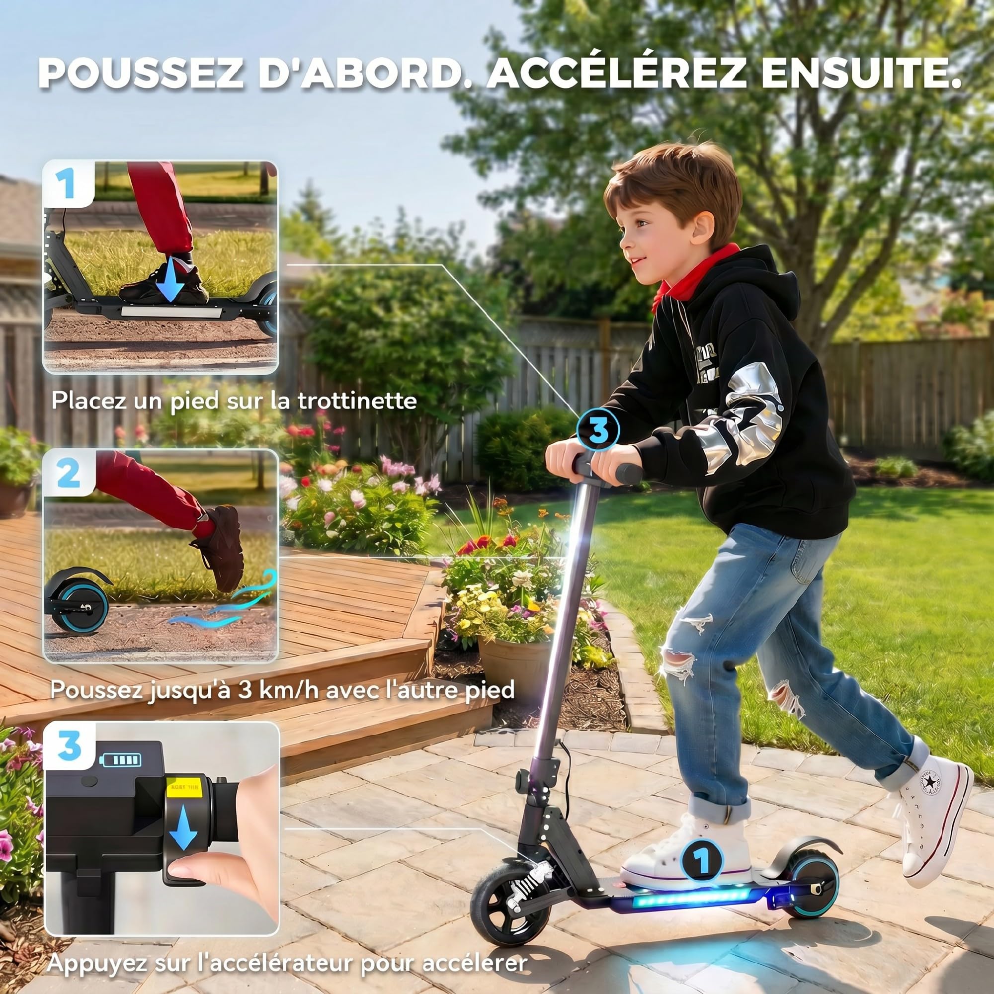 SPORTNOW Trottinette électrique pour Enfants 6-14 Ans Double Frein Noir | Scooter Électrique Pliable pour Enfants, Autonomie 6 km, Vitesse Maximale 14 km/h, Lumières LED Colorées, Aluminium