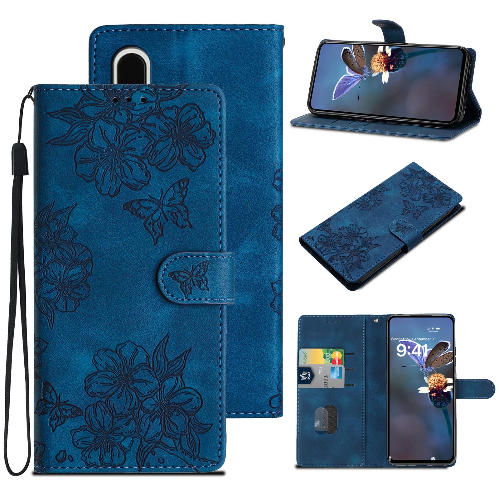 スマホケース SHG09 手帳型 携帯ケース Basio Active ベイシオアクティブ 手帳型ケース シンプルスマホ6 A201SH ケース Basioアクティブ2 ケース 桜蝶 PUレザーケース スタンド機能 カード収納 シンプル おしゃれ ストラップ 耐衝撃 軽量 SHG12 スマホケース[ブルー]