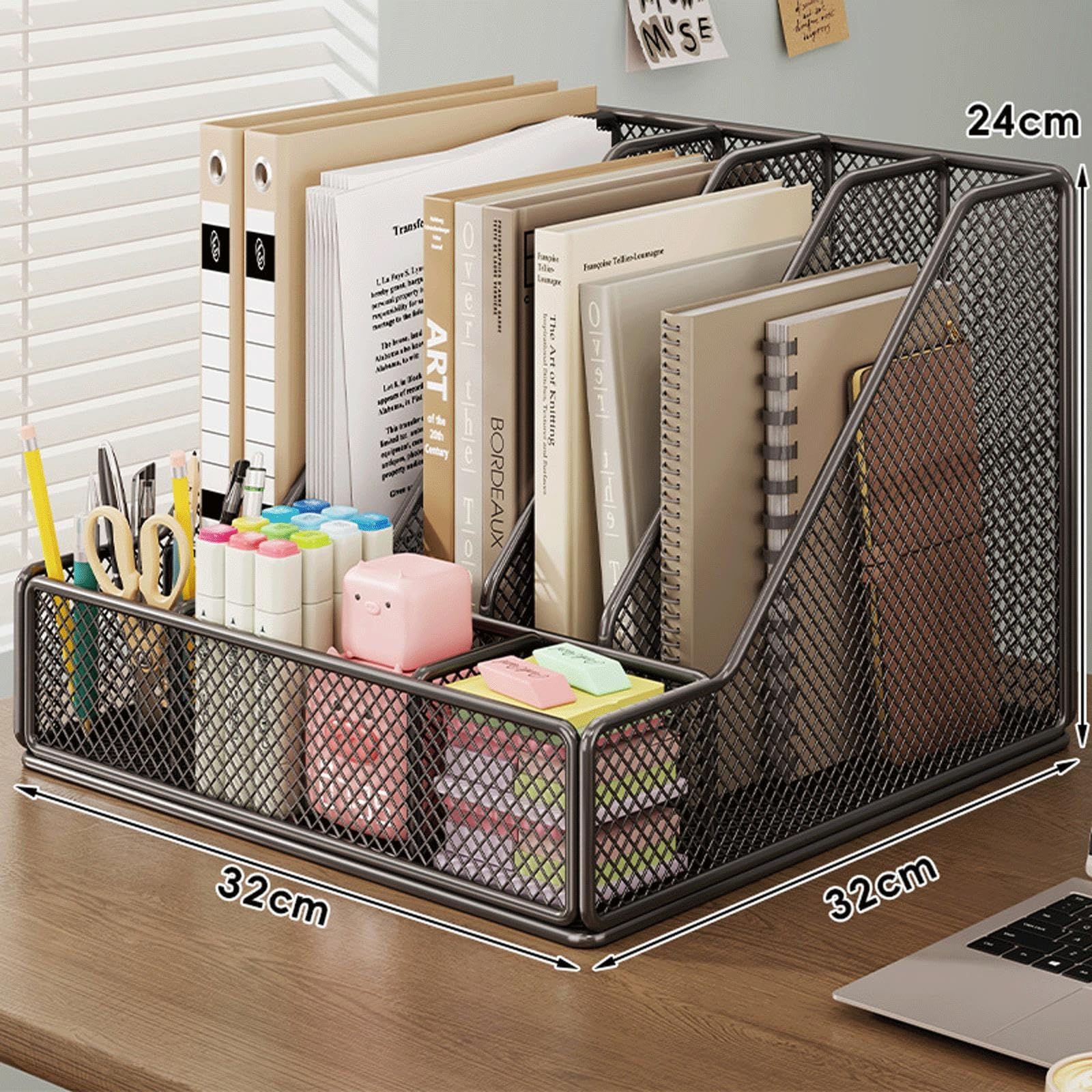 Schreibtisch Organizer Zeitschriftenhalter aus Metall mit 5 Fächern, A4-Schreibtischständer mit Stifthalter für Briefe, Postkarten, Broschüren(Black)