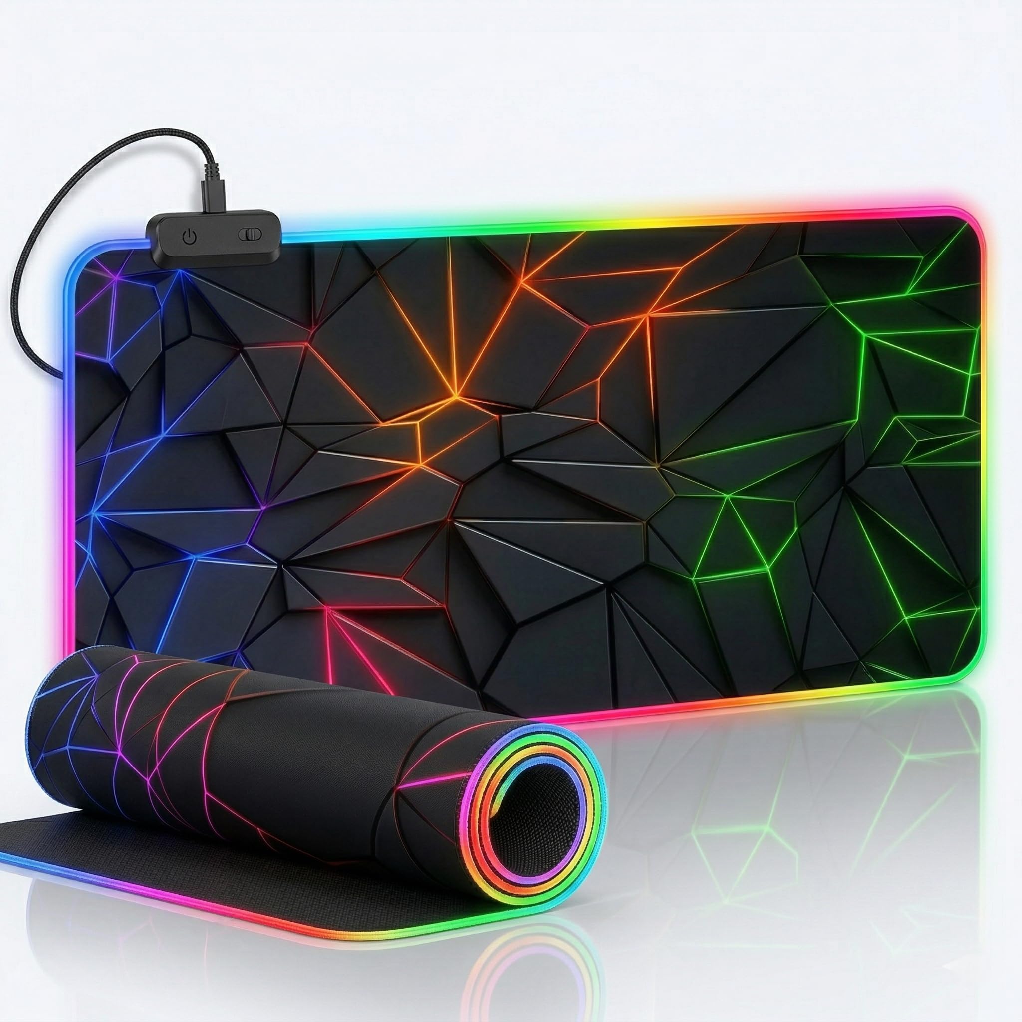 TORGEER RGB Gaming Mouse Mat 800x300mm, LED Desk Pad 11 Lighting Modes, Non-Slip Rubber Base, Anti-Fray Stitched Edge, Washable, 4mm Thick - Black (Patterned RGB Light-up mat)