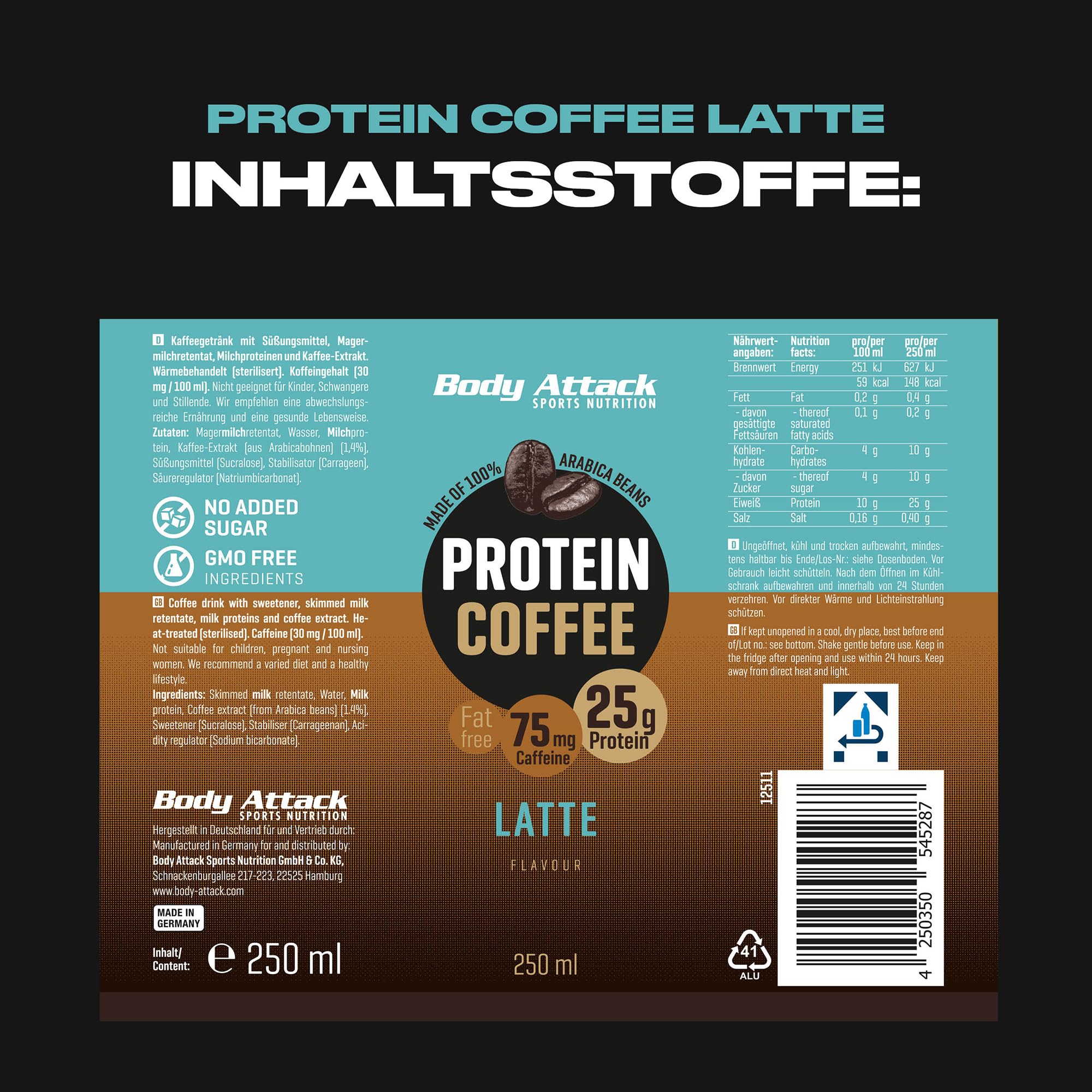 Body Attack Protein Coffee – Coffee Latte, 12 x 250ml (inkl. Pfand) - Protein Eiskaffee - erfrischender Eiskaffee fettarm mit 25 g Eiweiß, 75 mg Koffein - aus 100% Arabica Kaffeebohnen | Protein Eiskaffe, erfrischender Eiskaffee fettarm mit 25 g Eiweiß, 7