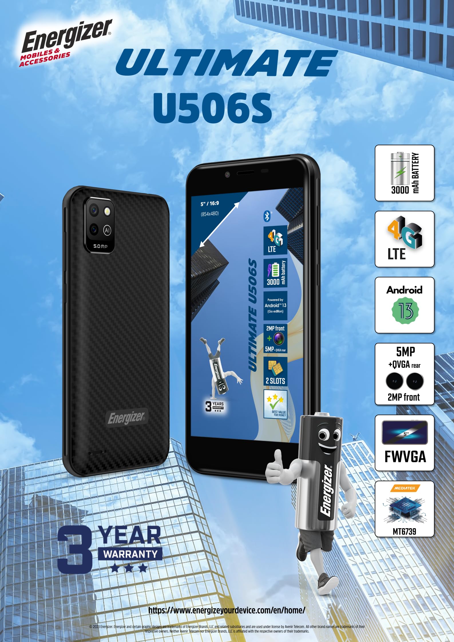 Energizer U506S smartfon (2 GB RAM, 32 GB ROM), wyświetlacz 5 cali, bateria 3000 mAh, aparat 5 MP+QVGA z tyłu/2 MP z przodu, Android 13 GB, kolor czarny