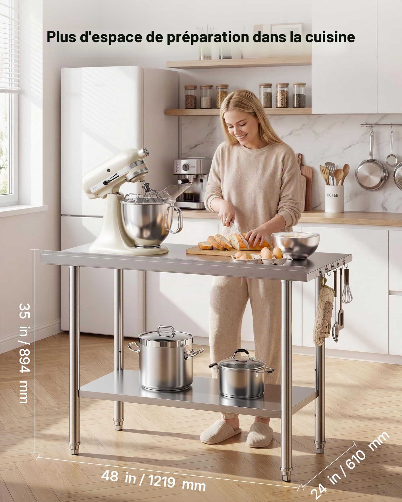 VEVOR Professional Kitchen Work Table, Stainless Steel Central Table 48 x 24 in 2 Levels, for Preparing CHR Cafe Hotel Restaurant Bakery, Stainless Steel Workstation with Backsplash