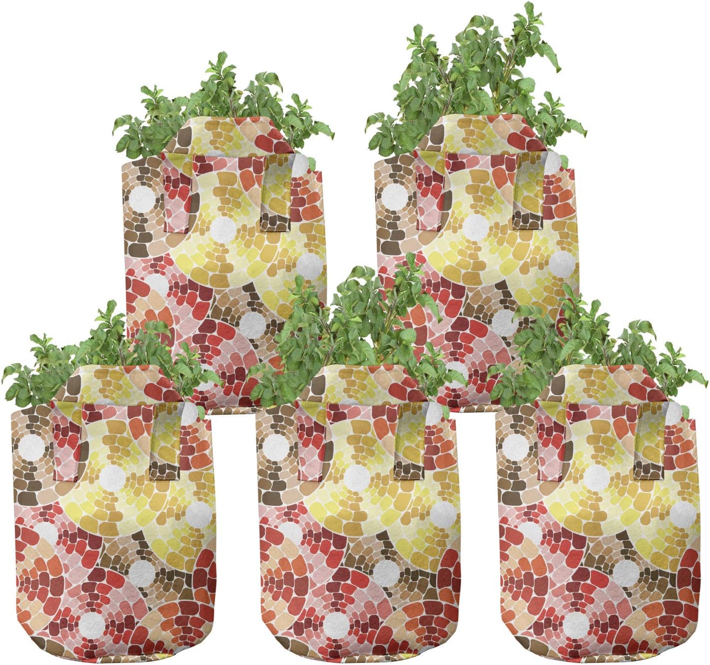 Lunarable Paint Grow Bags 5-Pack, Gradient Color Mosaic Circles, Heavyduty Fabric Pots with Handles for Plants, 7 Gallon, Multicolor