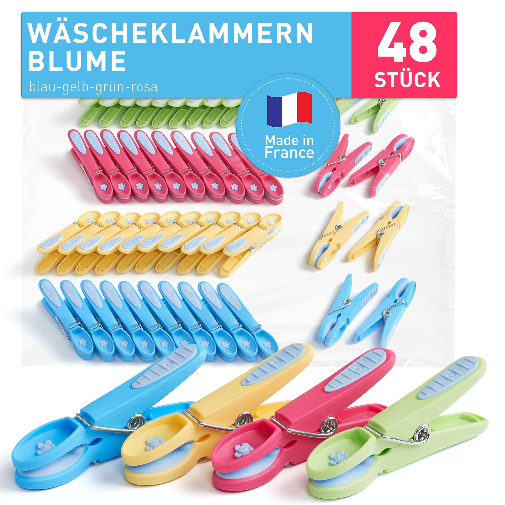 culiclean stabile Wäscheklammern ohne Abdruck – Blume Design – robuste Kluppen Softgrip UV-beständig, wetterfest – 48x Wäscheklammer – blau-gelb-grün-rosa
