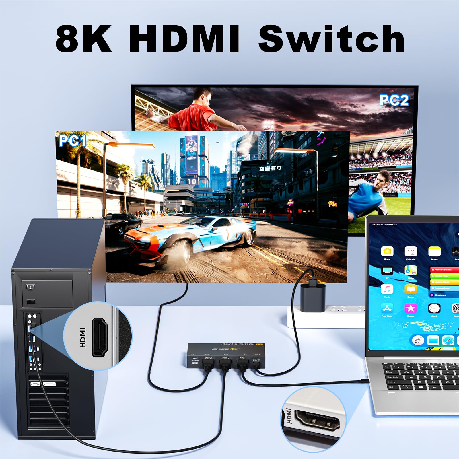HDMI Switch 2 in 1 Out, HDMI Switch, 4K@120Hz HDMI Switcher, 2 in 1 Out, Supports HDR, 3D, Compatible with Laptops, PC, Xbox Series, PS5 / PS4, Projector, and More