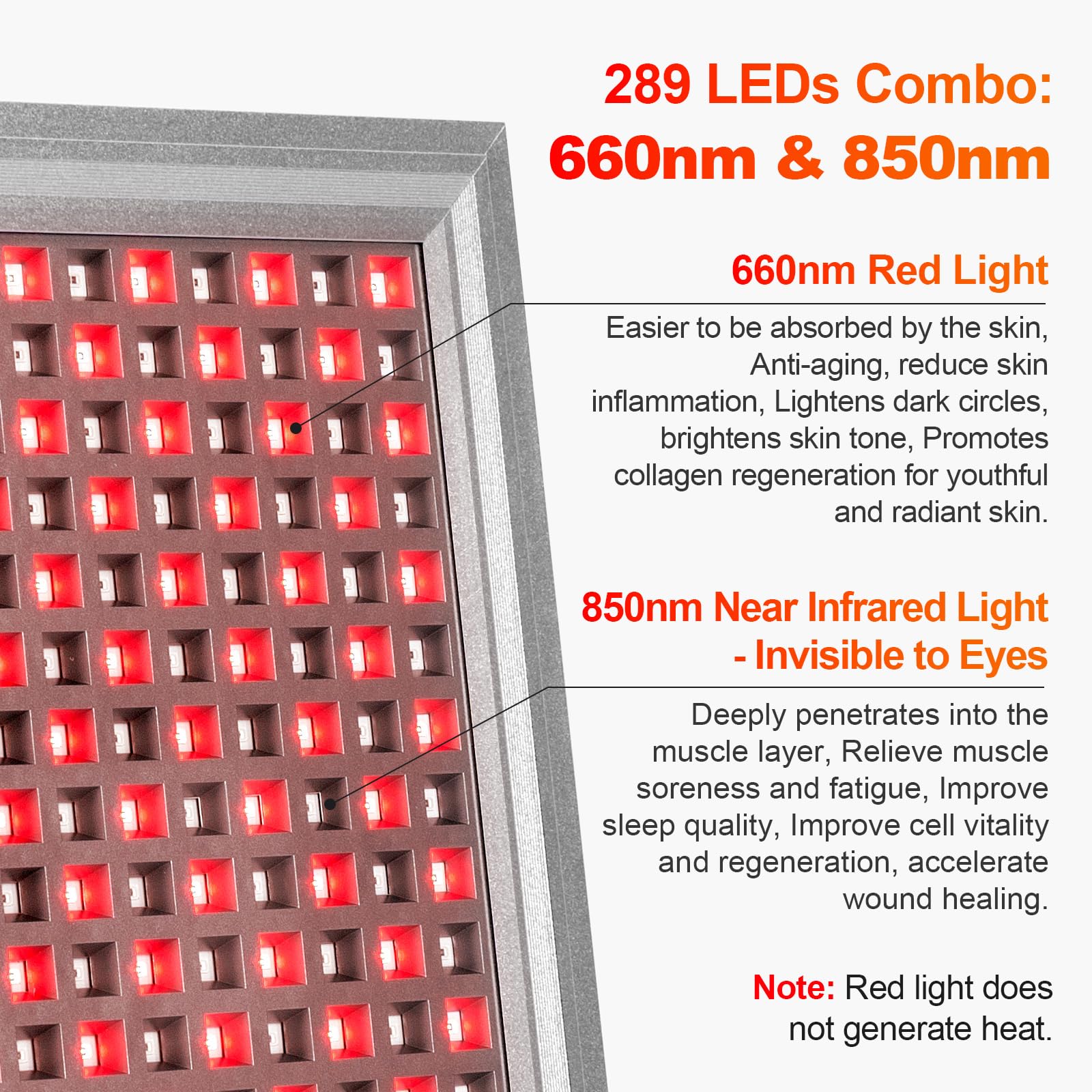 Lampara Luz Roja, Relassy Lampara Infrarrojos 660nm 850nm, 5 Niveles Panel Luz Roja Facial, 289 LEDs con Gafas, para Rejuvenecimiento Piel, Musculatura y Articulaciones, Aluminio, No Produce Calor