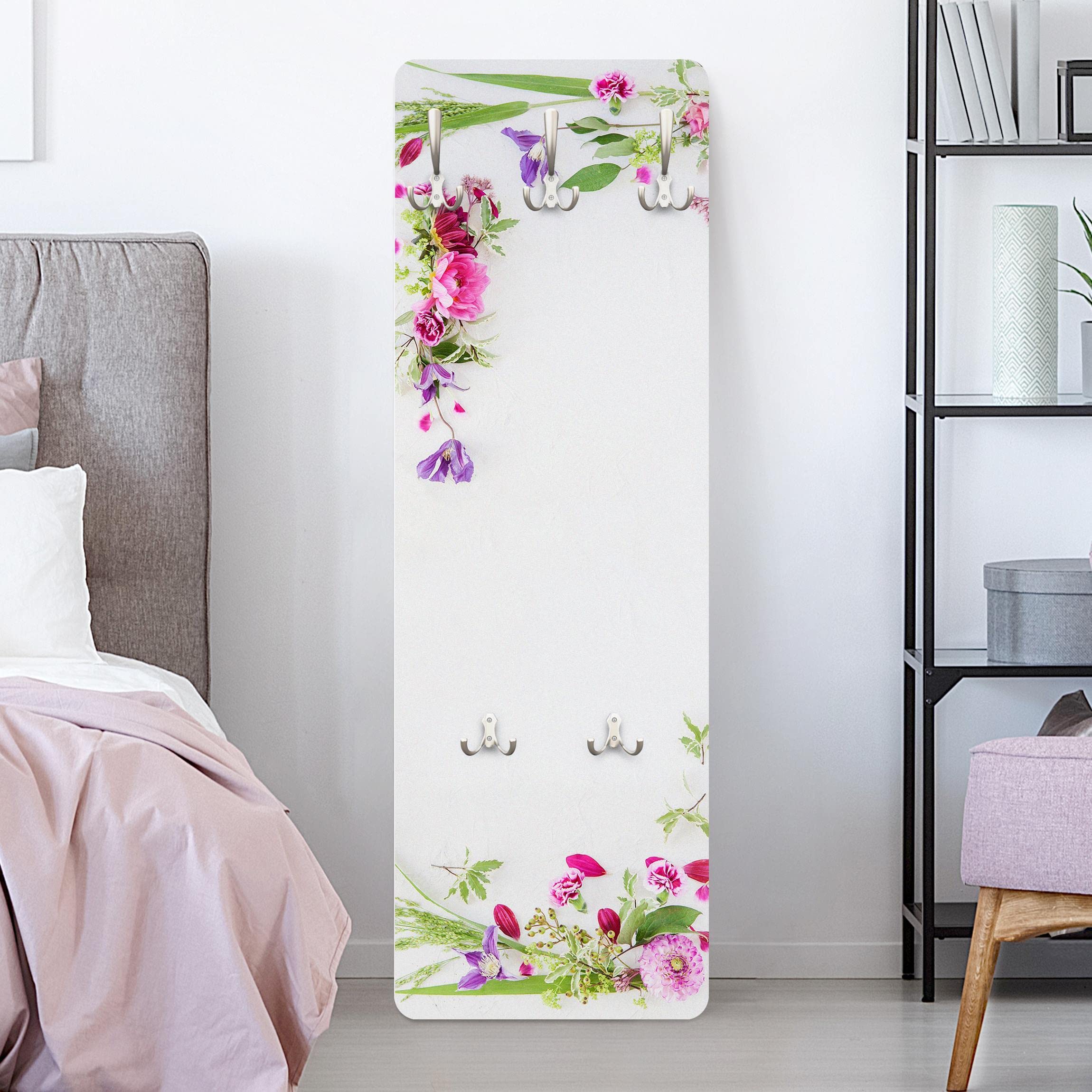 Wandgarderobe inkl. 5 Haken Blumen Floral platzsparendes Design - Made in Germany - Motiv Landhaus Flurgarderobe weiss schmal Garderobenpaneel 2219