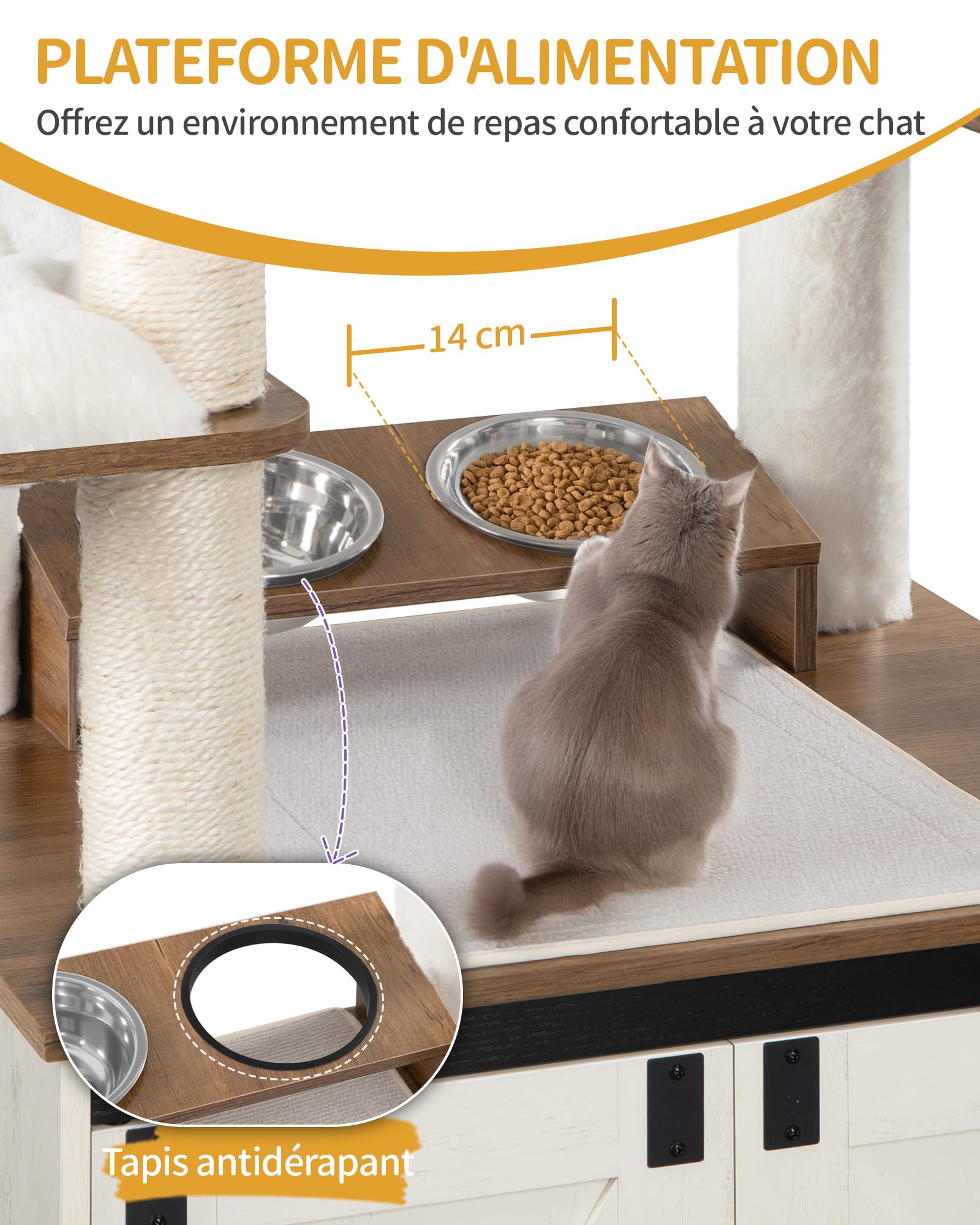 Hzuaneri Arbre à Chat avec Meuble Litiere Chat, Mangeoire, Hauteur 173 cm, avec Grande Plateforme, Corde en Sisal, Hamac, Coussin Lavable, Balles en Peluche, Blanc et Marron CB89014WT