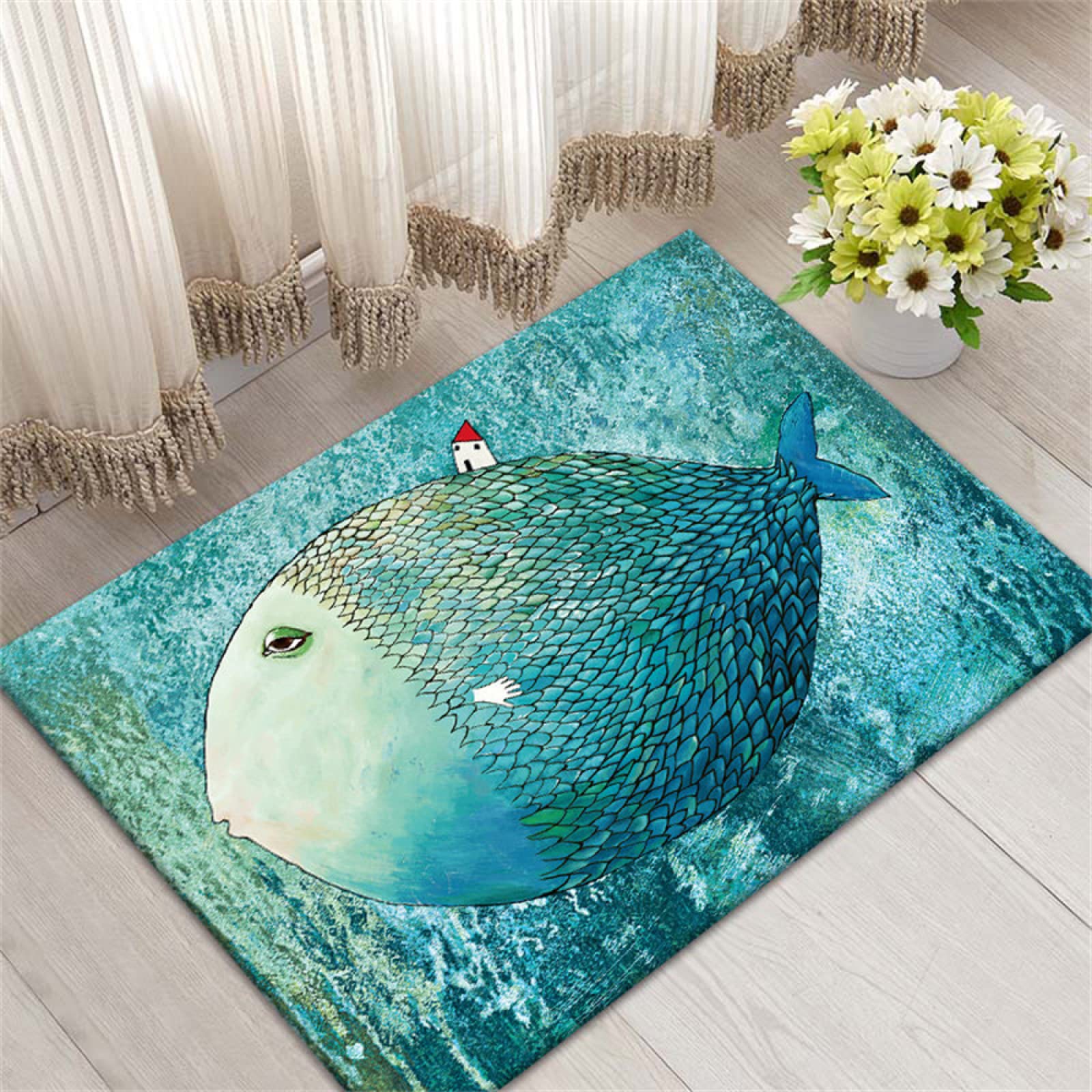 Tapis chambre bébé fille bleu à motif poisson pour coin jeu enfant 60x120