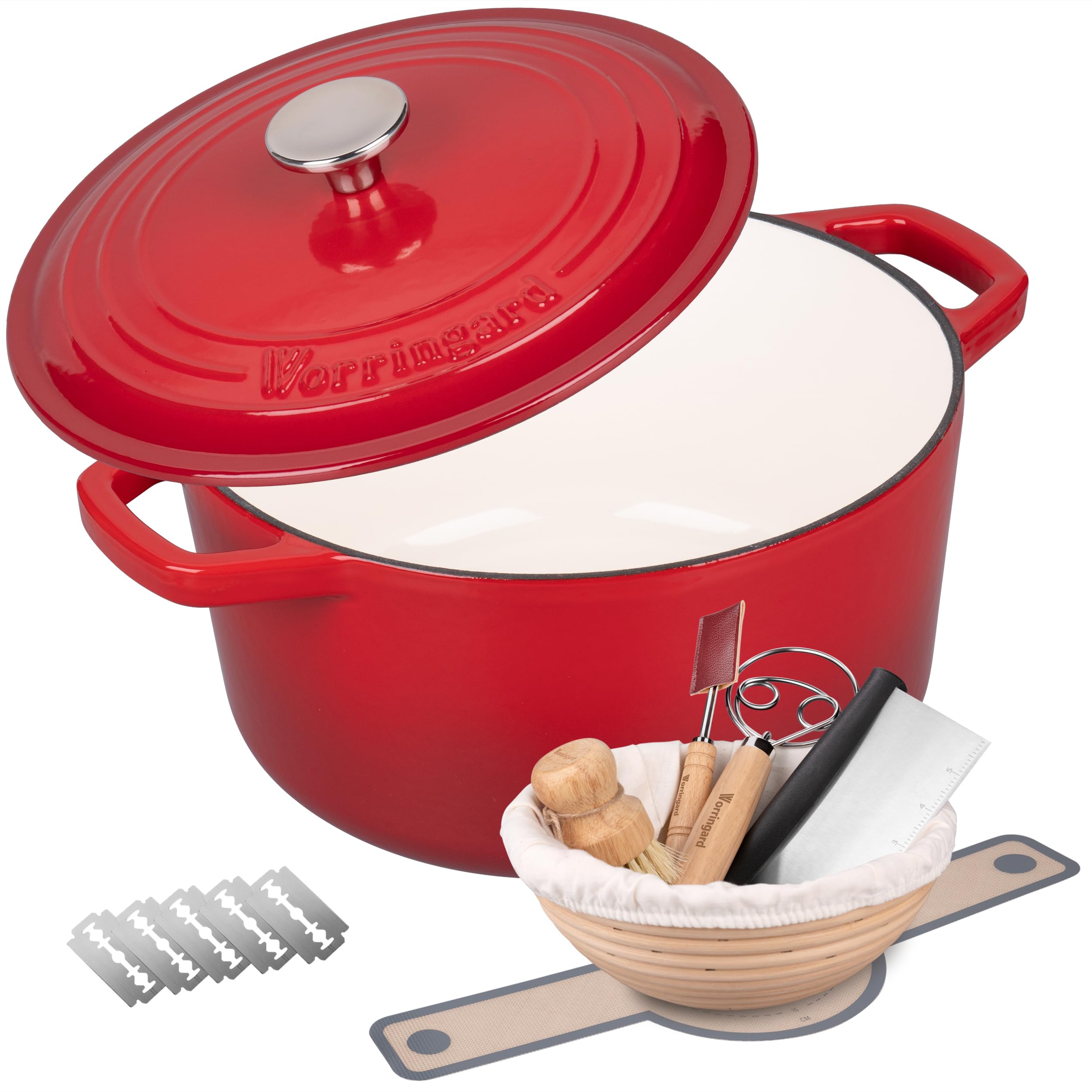VORRINGARD Enameled Cast Iron Dutch Oven Pot with Lid, for Bread Baking, Round Bread Oven- include Sourdough Bread Baking Supplies Set, 4.5QT, Red