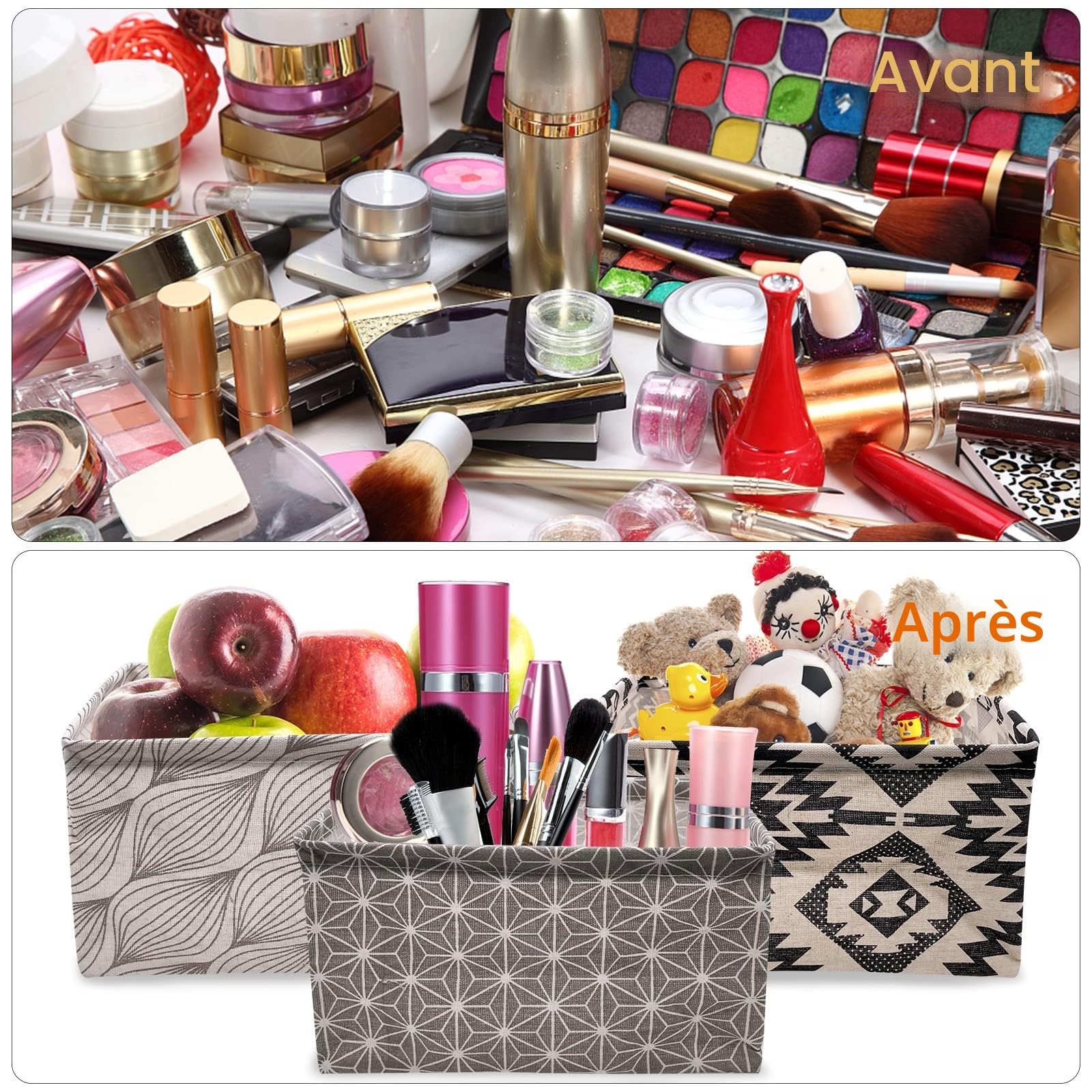 Petit Panier Rangement Tissu Lin, Lot de 6 Pliable Boite Rangement Tissu avec Poignées, Étanche Stockage Corbeille Panier pour Tiroir, Jouets, Maquillage, Salle de Bain, 28 * 19 * 15cm