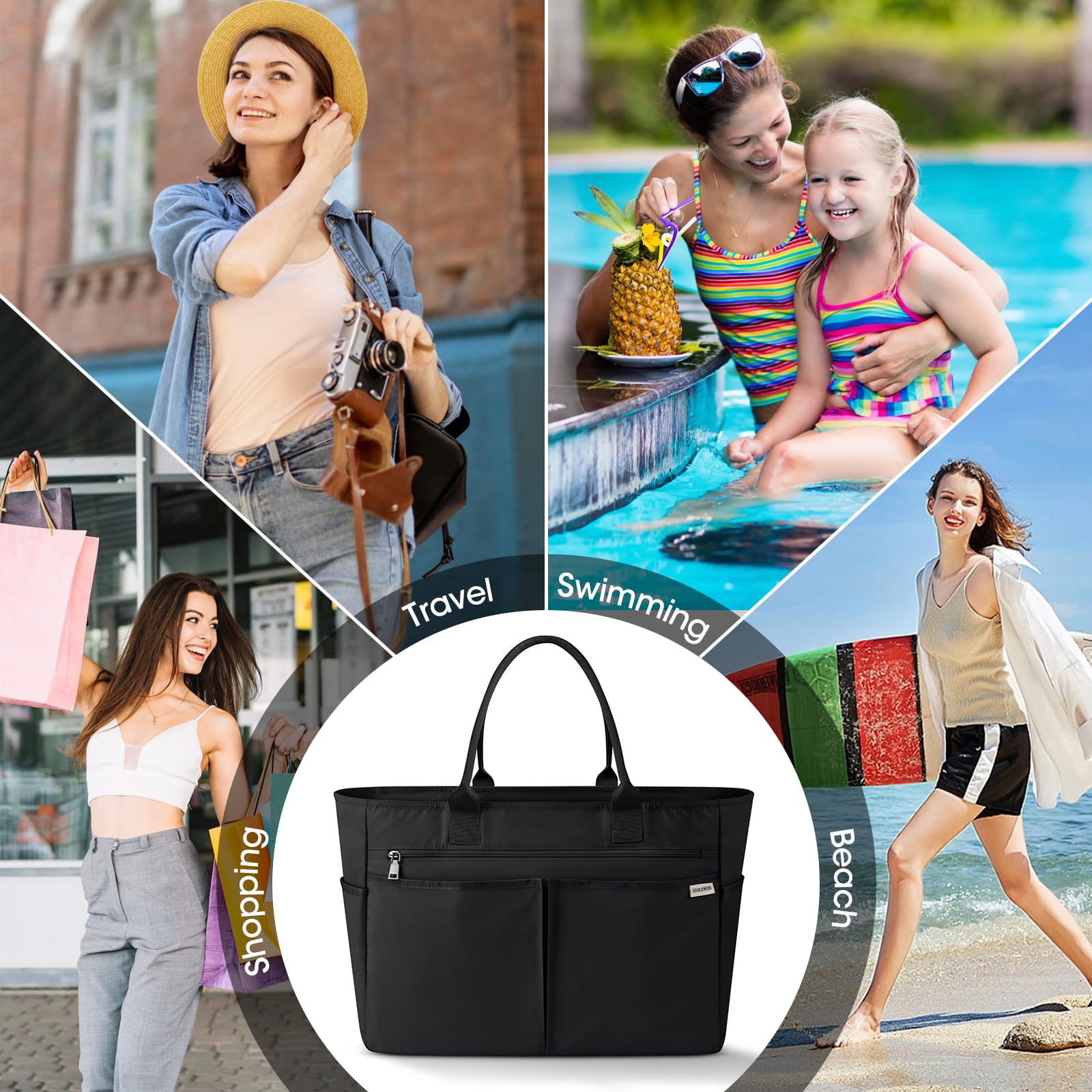 IGOLUMON Grand Sac de Plage Femme XXL 40L Sac Cabas Plage avec Fermeture Éclair Imperméable Tote Bag Pliable Grande Capacité Sac Shopping pour Plage Voyages Gym Piscine Noir