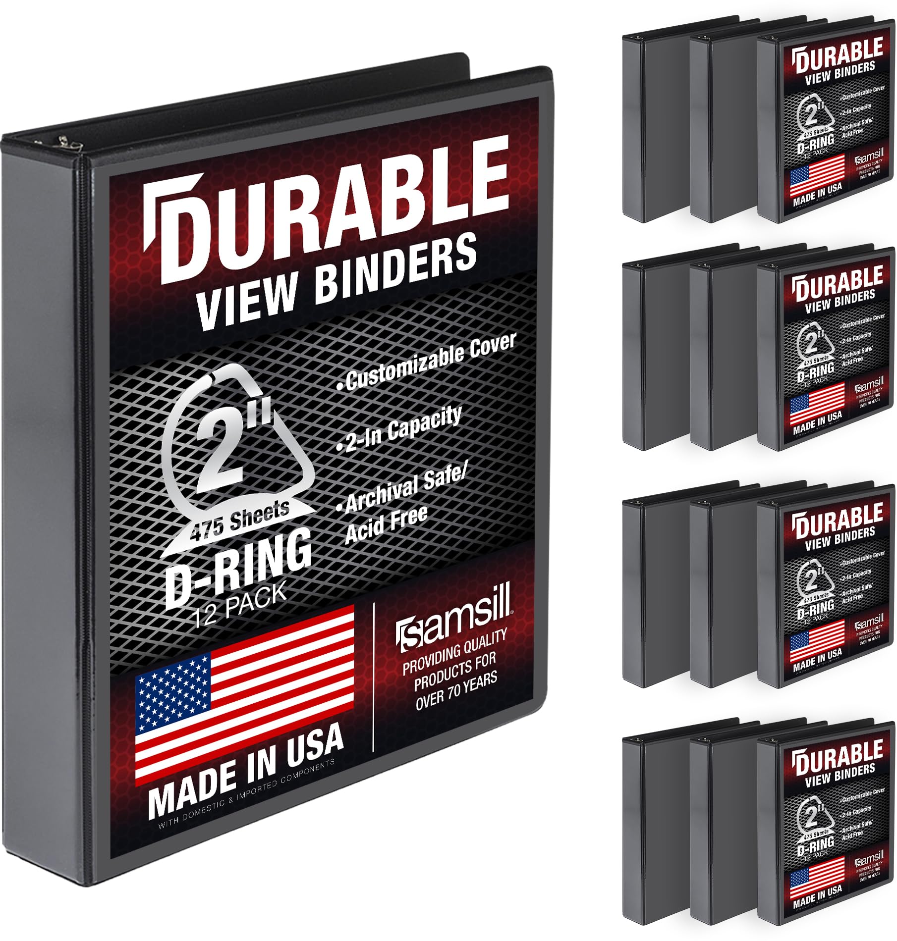 Samsill Durable 3 Ring Binder Made in The USA, 2-Inch D Ring Binder, Holds 475 Sheets, Customizable Clear View Cover, Black 12 Pack