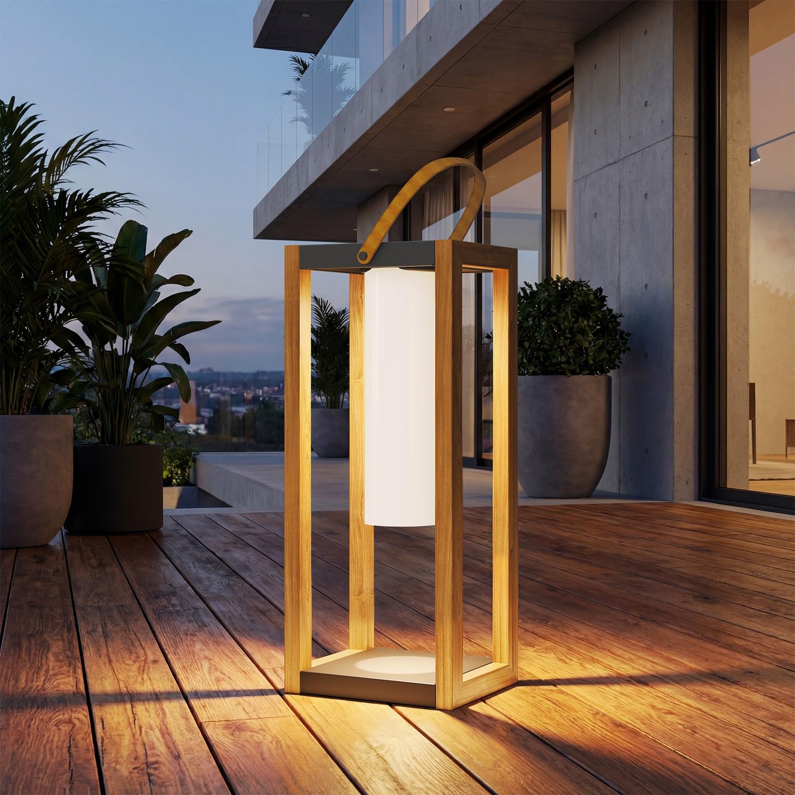 Solar Yard Outdoor Floor Lamp Solar Powered Light, Patio Waterproof Metal Solar Lantern with Handle, Plant Decor for Patio, Yard, Porch, Large Woodgrain