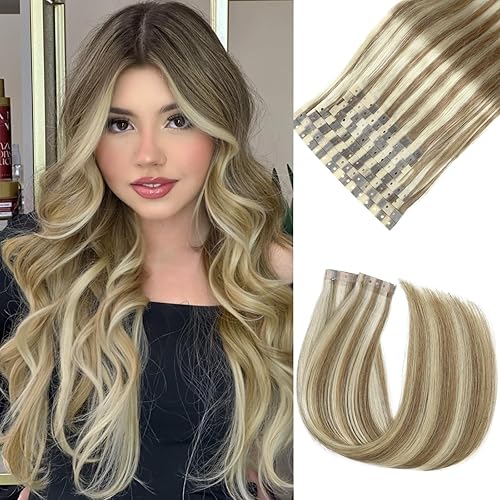 Remy Human Hair Extensions Micro Ring PU Hair Extensions 8PCS 70g Invisible Hole Weft Human Hair Extension Glueless PU Skin Weft Extensions 9A/P60 Tape in Hair Extension for Women (8Pcs,20 Inch)