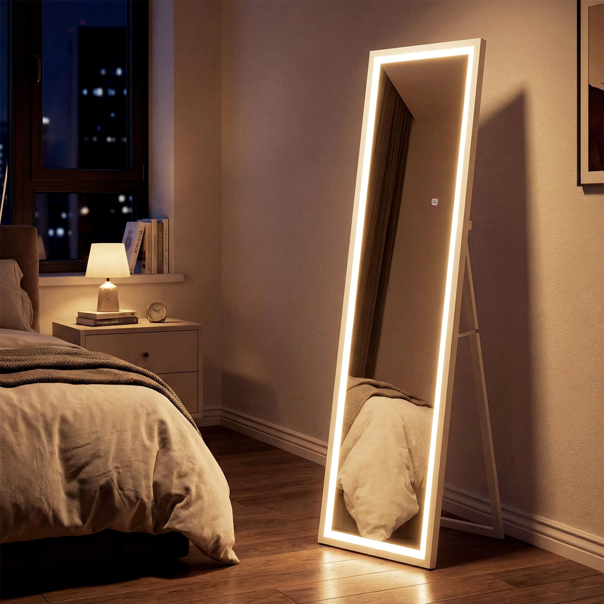 HOMCOM Grand Miroir Pleine Longueur 40 x 160 cm en Verre trempé, éclairage LED 3 Couleurs et Support, Miroir Mural ou sur Pied rectangulaire, pour Chambre à Coucher, Salon et Dressing, Blanc